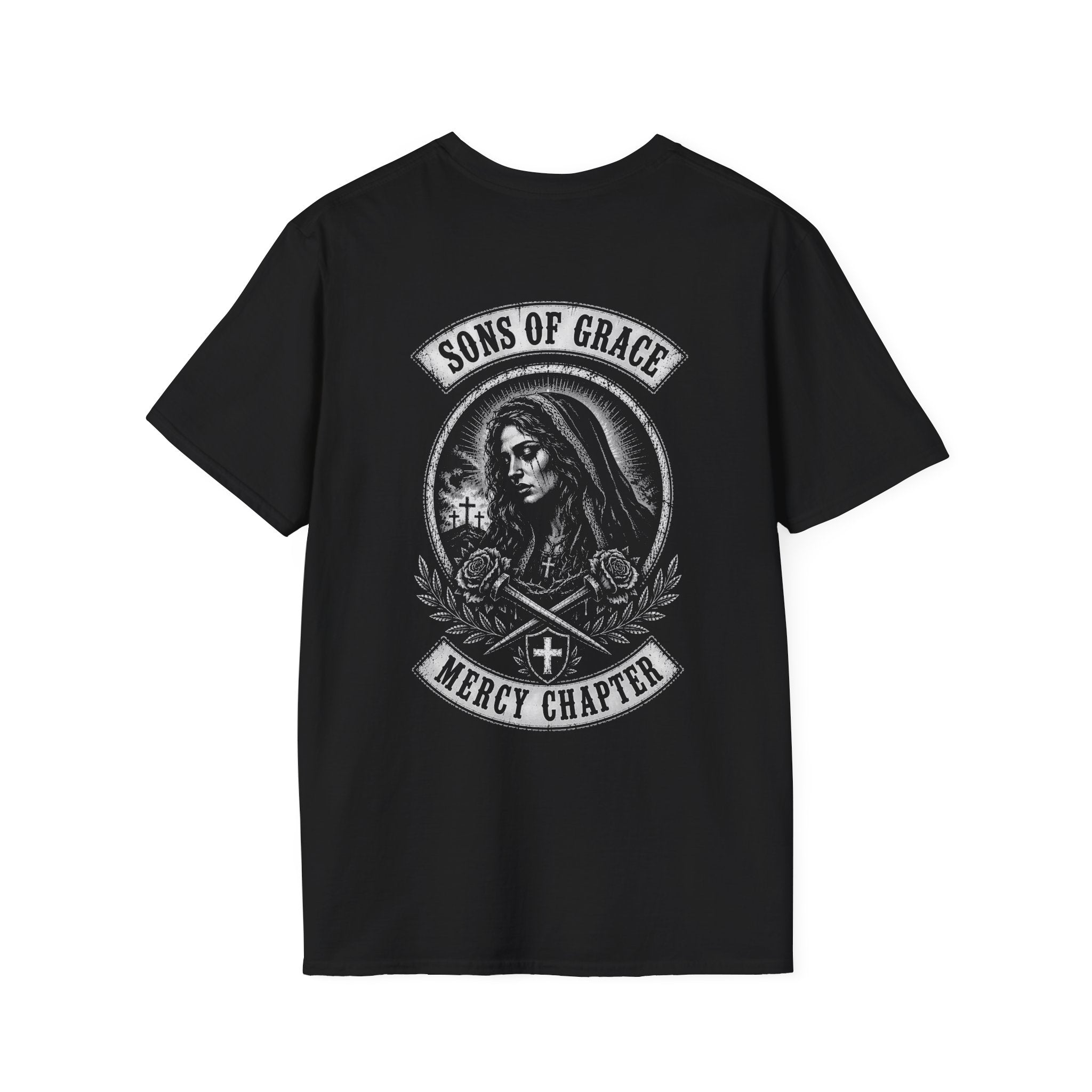 Sons Of Grace Mercy Chapter Gothic Virgin Mary Cross And Roses Catholic Biker Faith Emblem