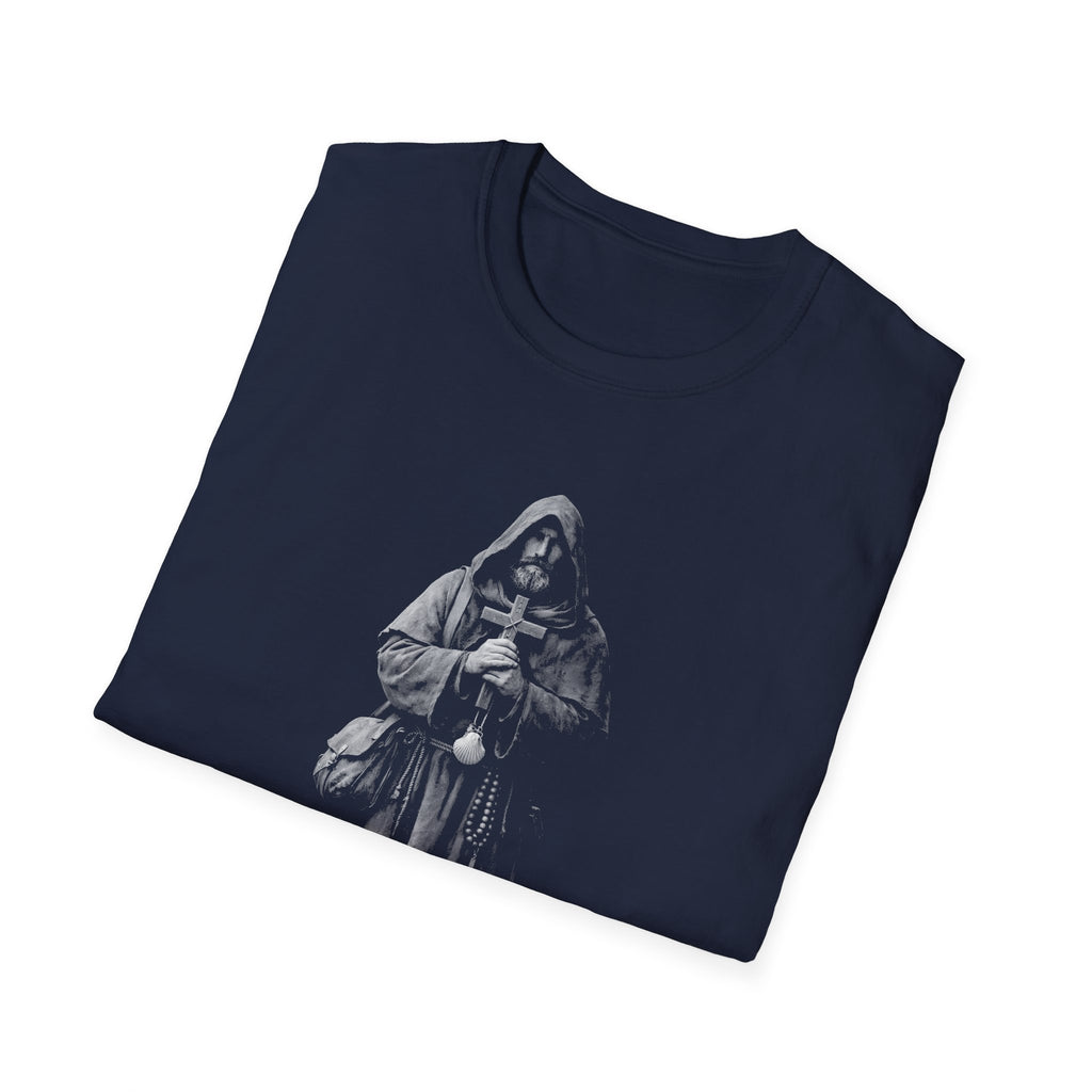 Psalm 23 4 even though i walk through the valley of shadow and death christian monk holding cross T-Shirt