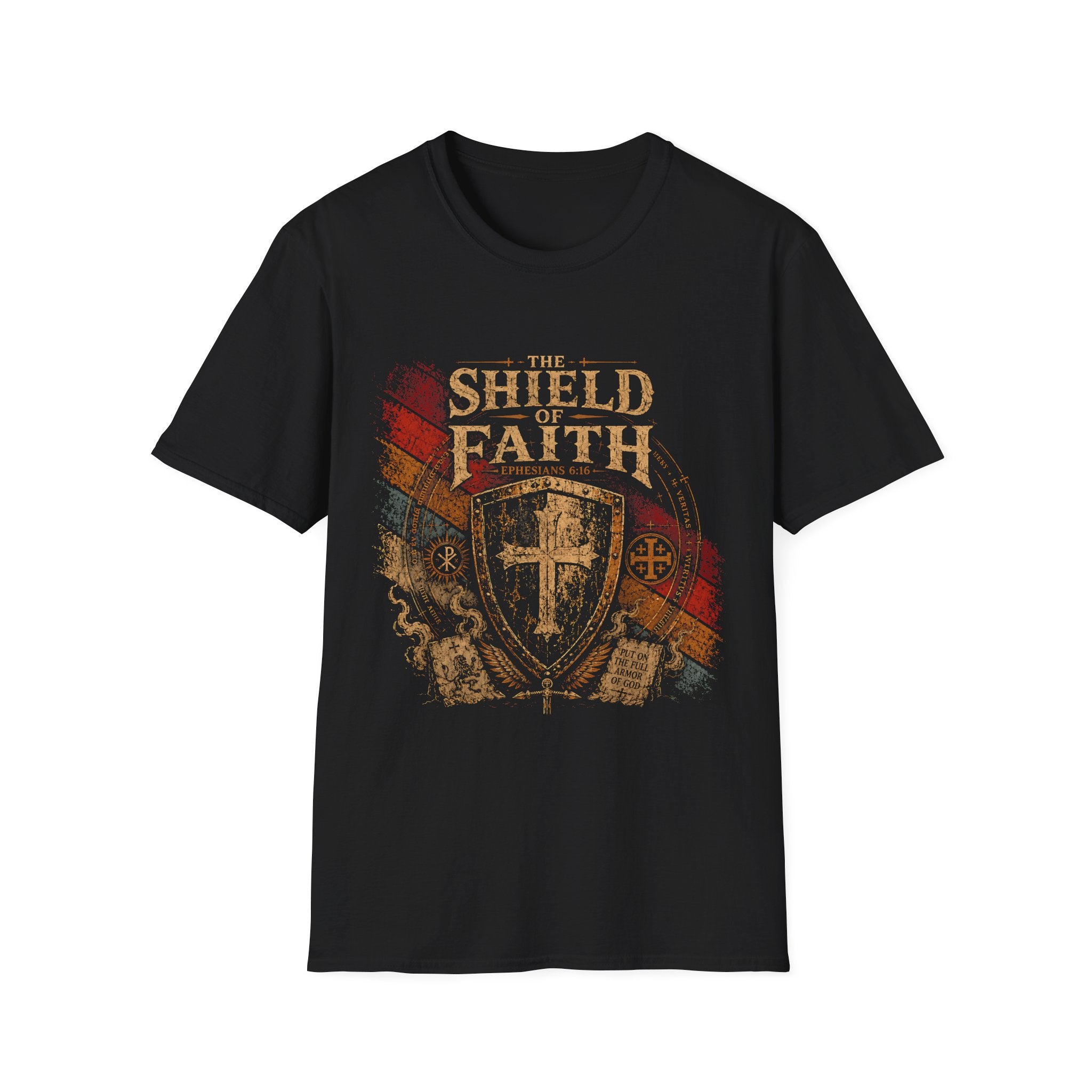 The Shield Of Faith Ephesians 6 16 Put On The Full Armor Of God Christian Warrior Cross Emblem T-Shirt