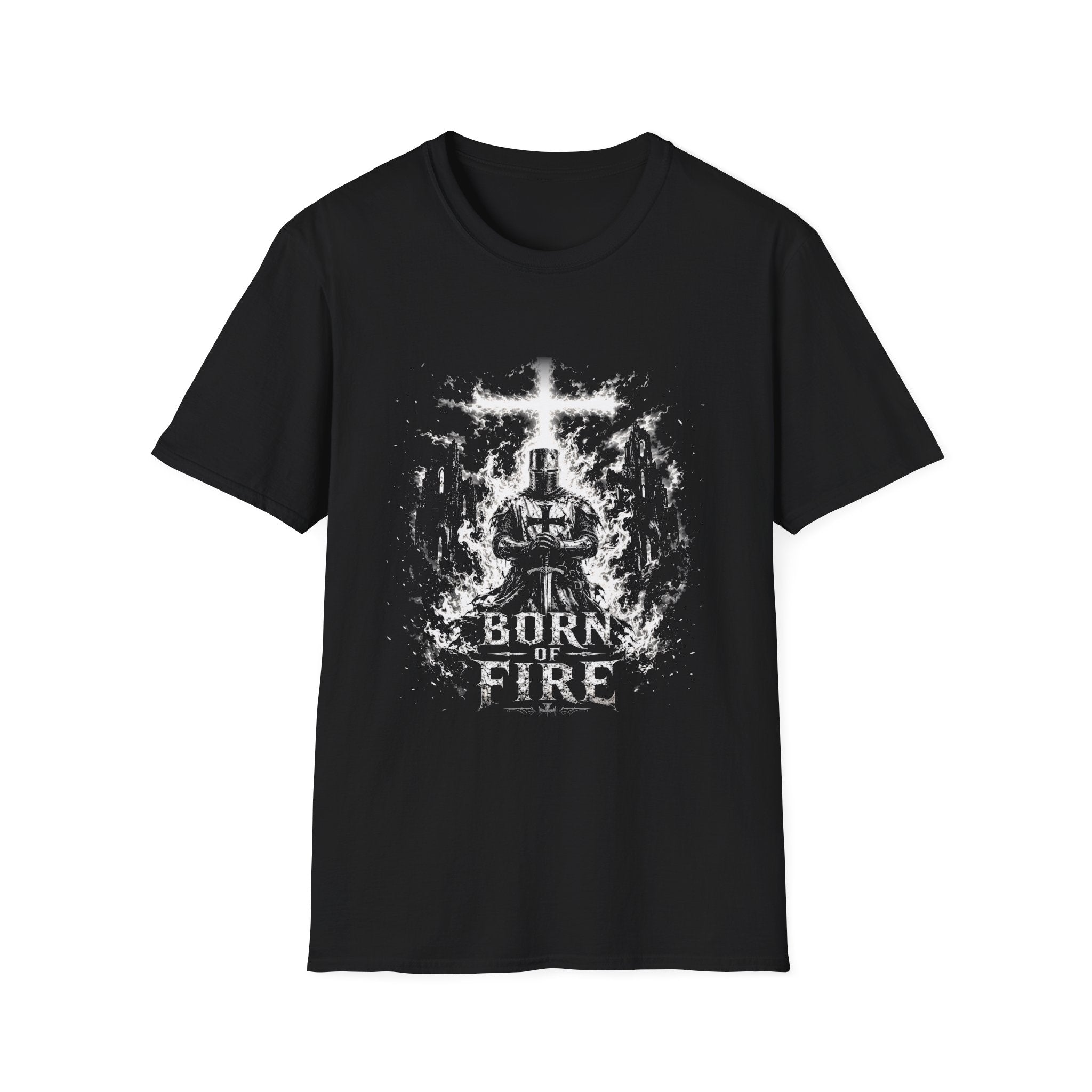 Born Of Fire Christian Knight Cross Crusader Medieval Warrior Faith Flames T-Shirt