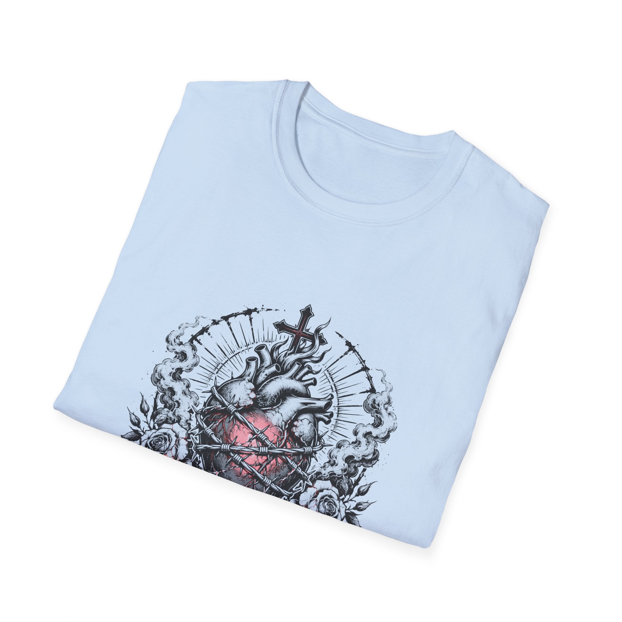 Sacred Heart Barbed Wire Cross Dark Roses Anatomical Heart T-Shirt