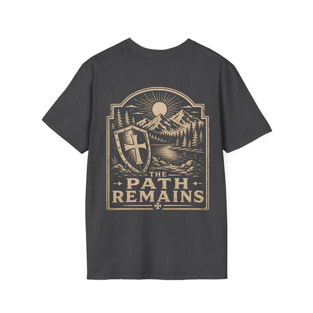 The Path Remains Christian Shield Cross Mountain Lake Sunrise Hiking Faith Landscape T-Shirt
