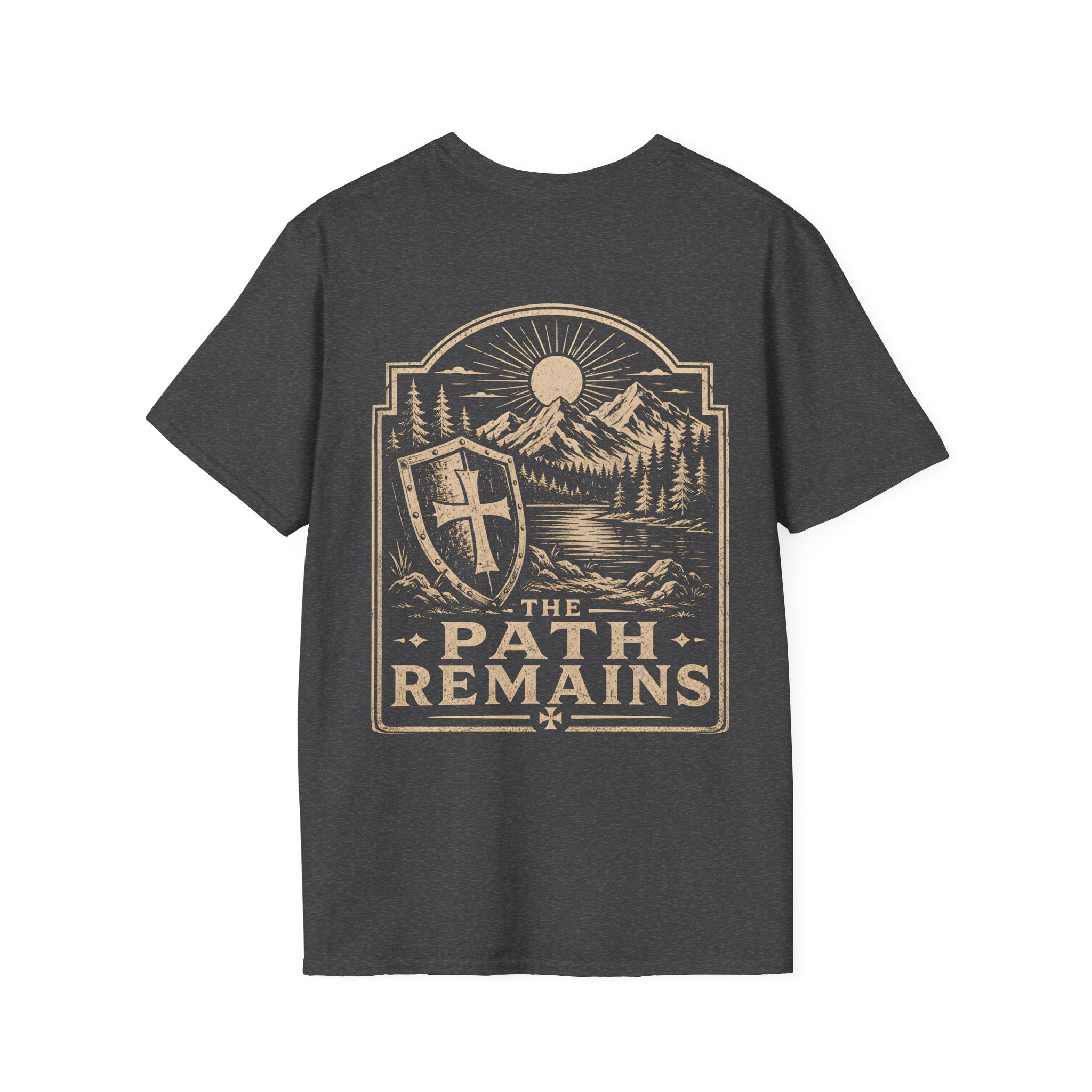 The Path Remains Christian Shield Cross Mountain Lake Sunrise Hiking Faith Landscape T-Shirt