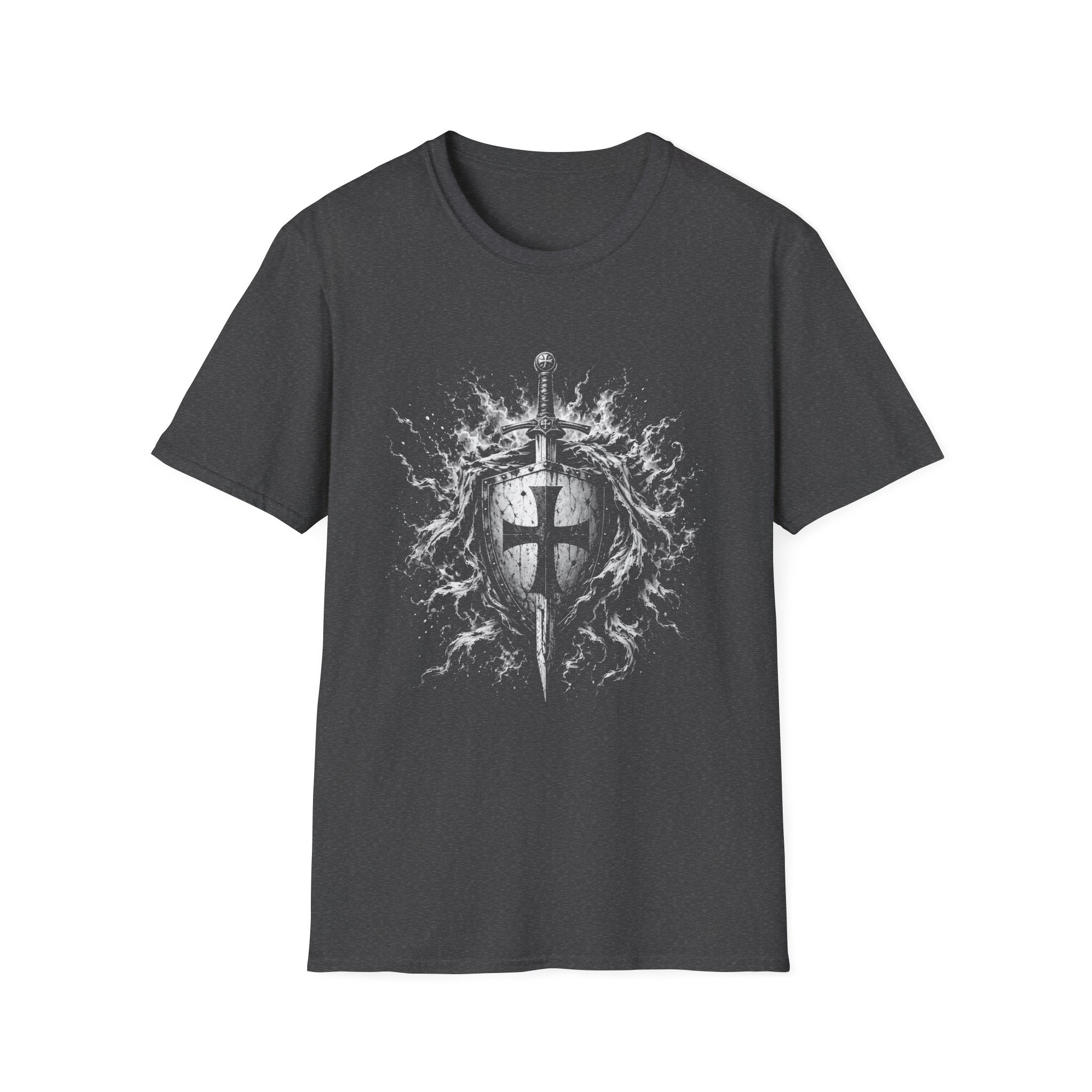 Medieval Crusader Knight Sword And Shield With Flaming Cross Emblem Fantasy Warrior Art T-Shirt