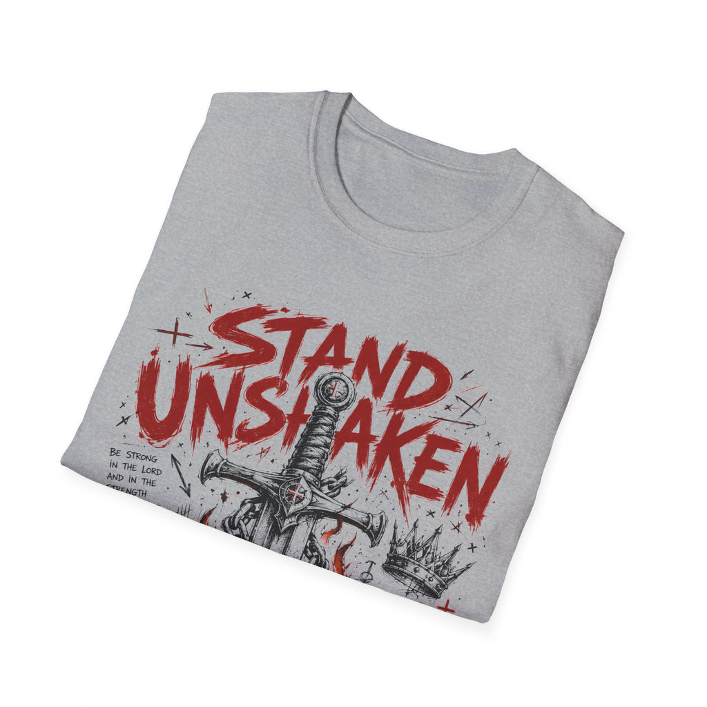 Stand Unshaken Christian Warrior Sword Cross Armor Faith Over Fear Bible Verse Ephesians 6 Isaiah 54 T-Shirt