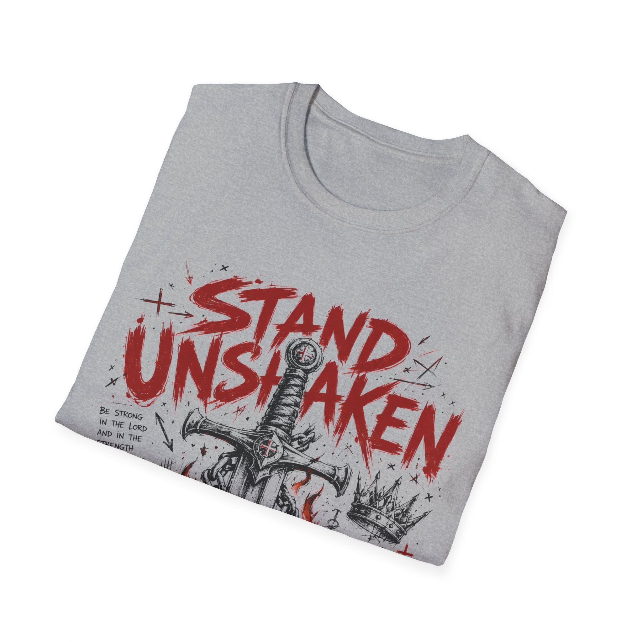 Stand Unshaken Christian Warrior Sword Cross Armor Faith Over Fear Bible Verse Ephesians 6 Isaiah 54 T-Shirt
