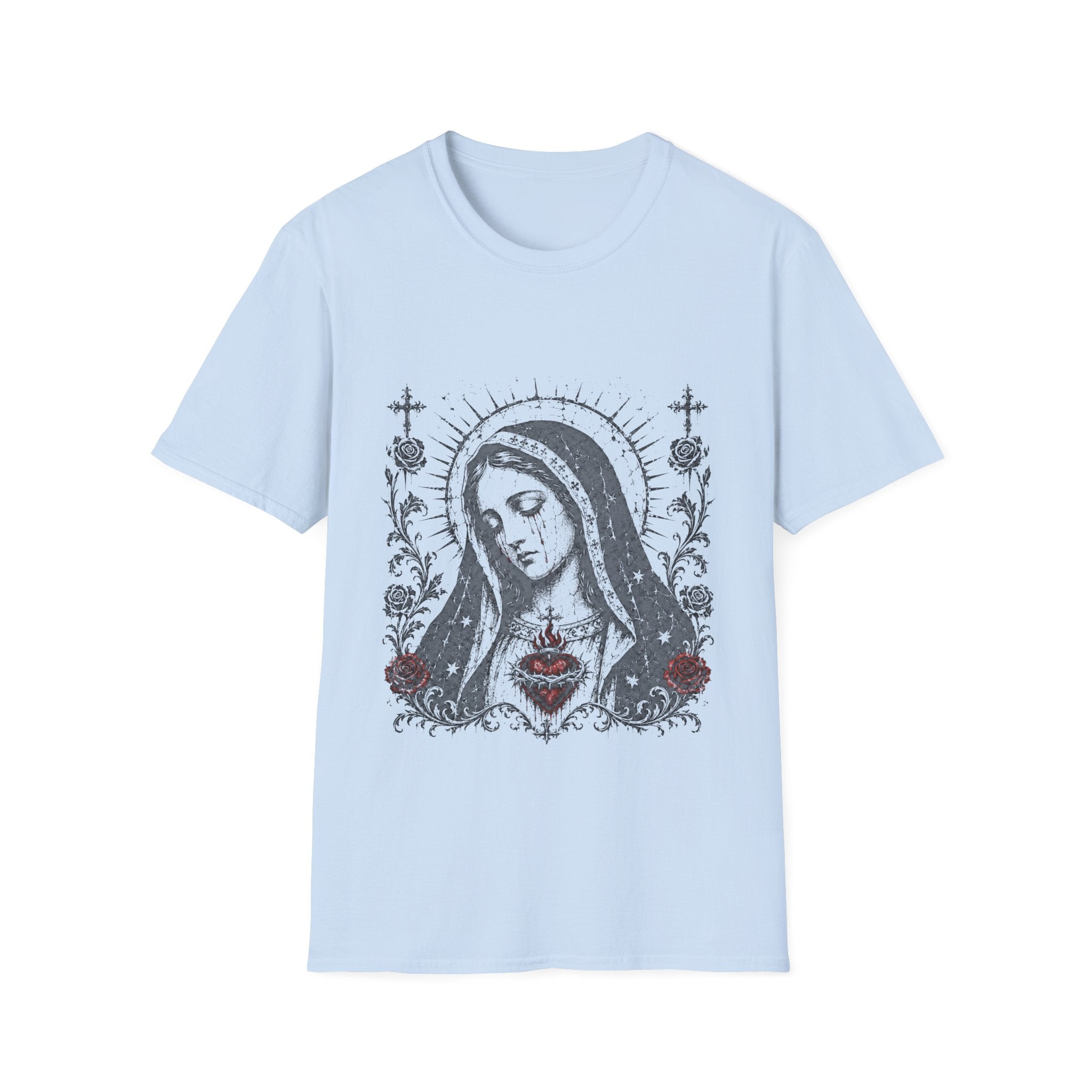 Virgin Mary Sacred Heart Gothic Catholic Dark Mother Mary Icon With Roses And Halo T-Shirt