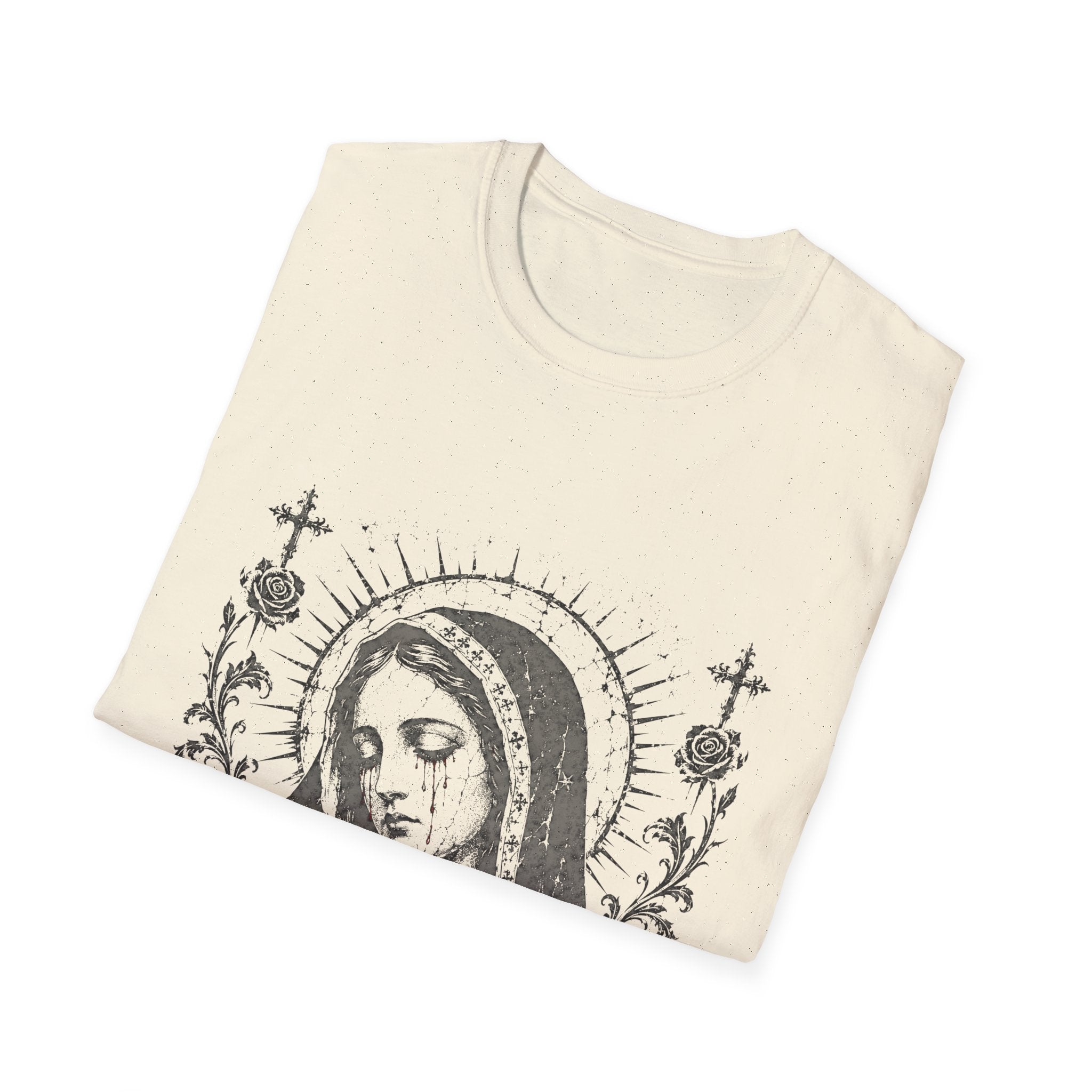 Virgin Mary Sacred Heart Gothic Catholic Dark Mother Mary Icon With Roses And Halo T-Shirt