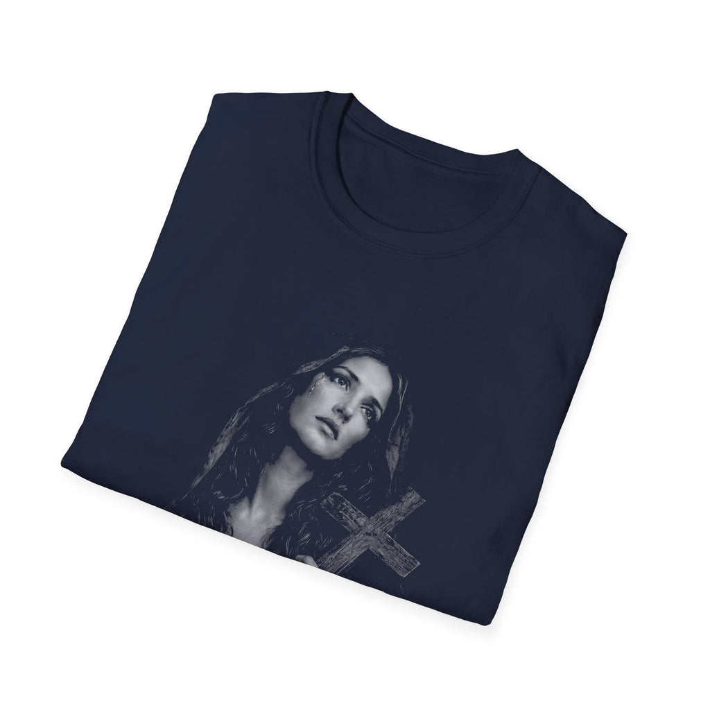 mary magdalene weeping with cross dark christian gothic spiritual portrait in black and white T-Shirt