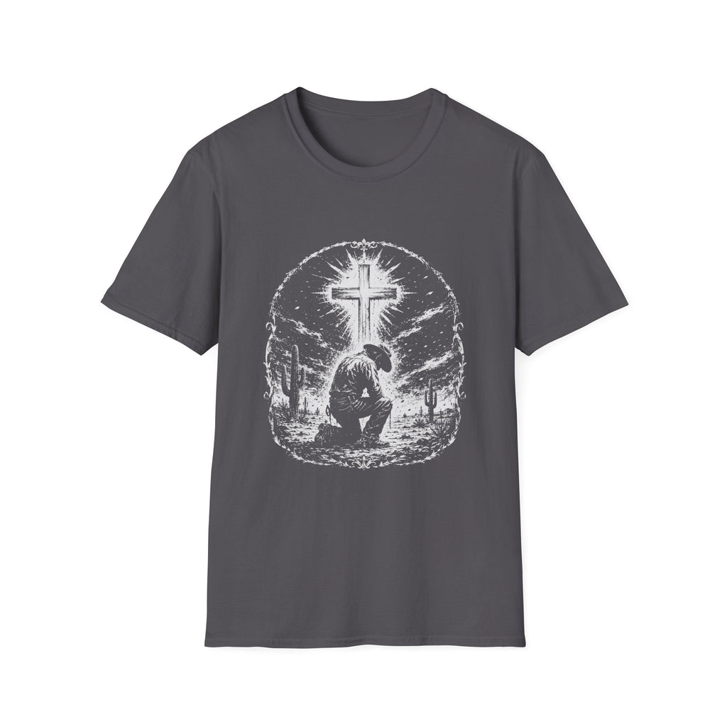 Cowboy Kneeling In Prayer Under Radiant Cross Western Christian Faith Desert Spiritual Scene T-Shirt