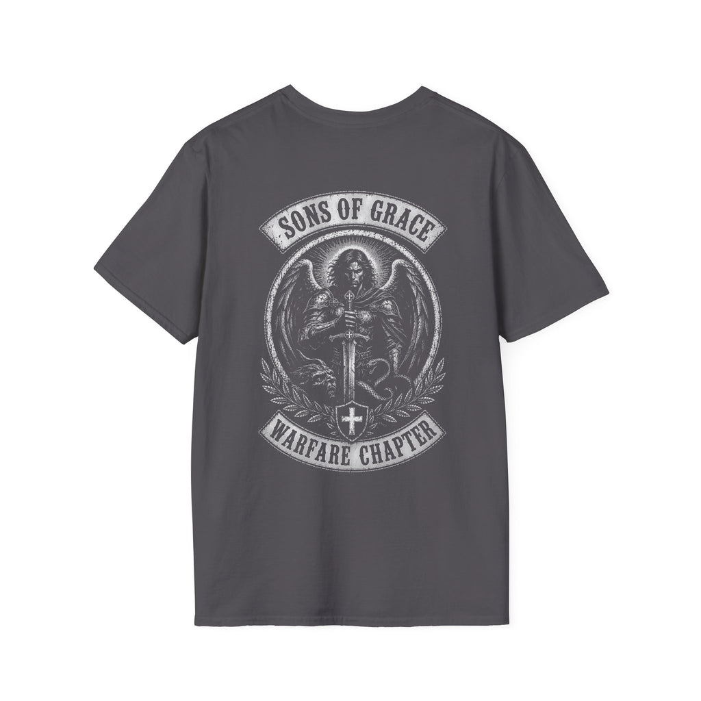 Sons Of Grace Warfare Chapter Christian Warrior Angel Sword Spiritual Warfare Armor Of God Archangel Battle Emblem T-Shirt