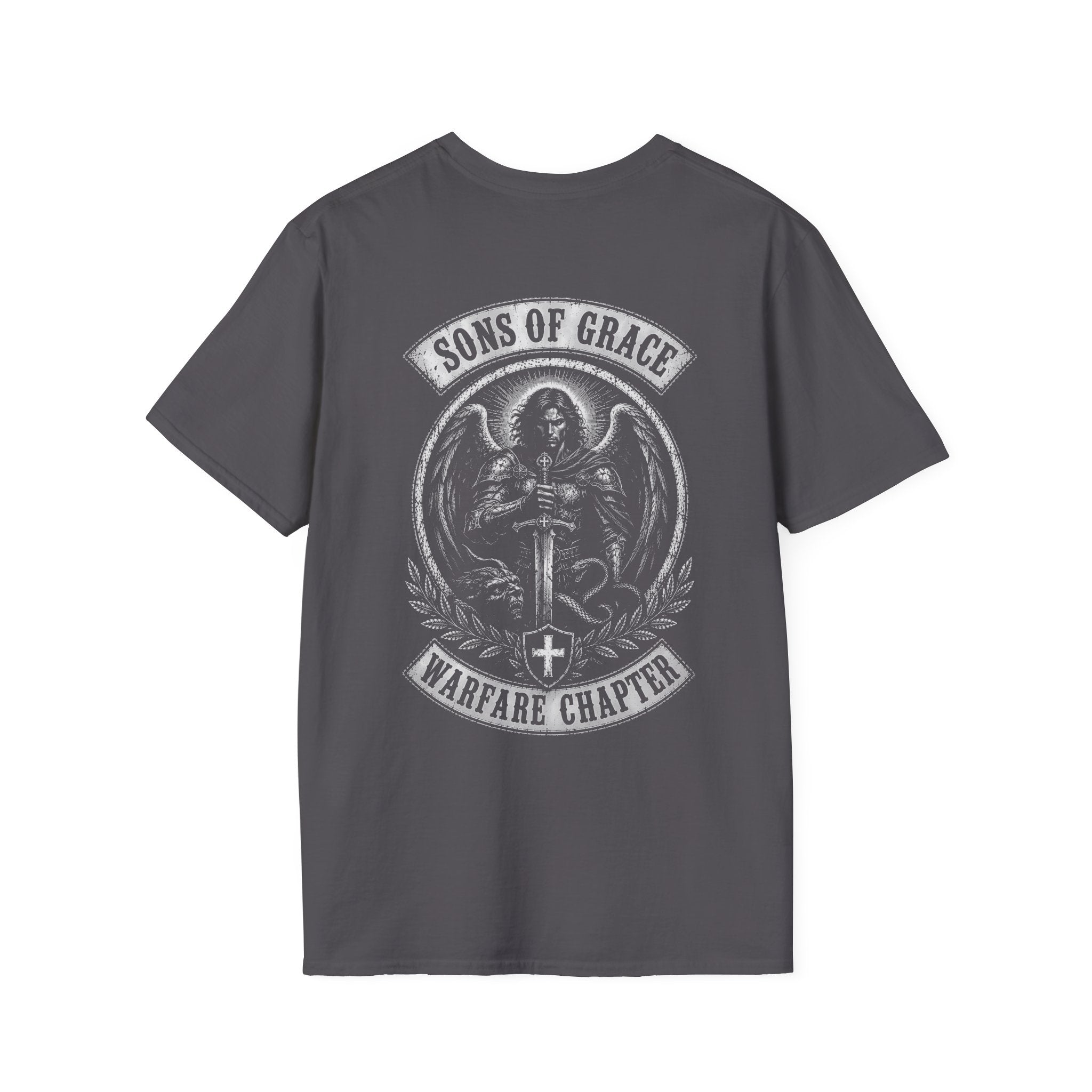 Sons Of Grace Warfare Chapter Christian Warrior Angel Sword Spiritual Warfare Armor Of God Archangel Battle Emblem T-Shirt