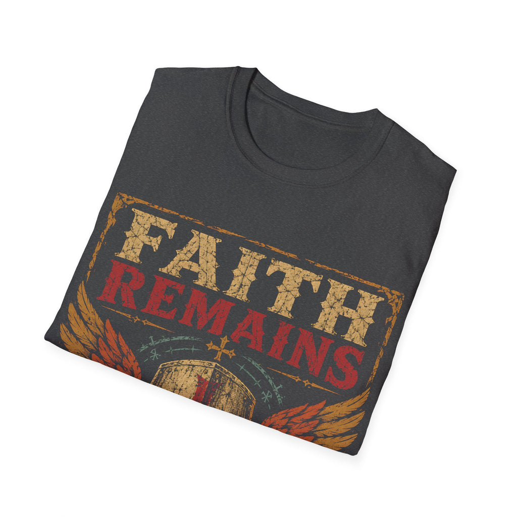 Faith Remains Crusader Helmet With Wings Christian Warrior Cross Vintage Medieval Art Style T-Shirt