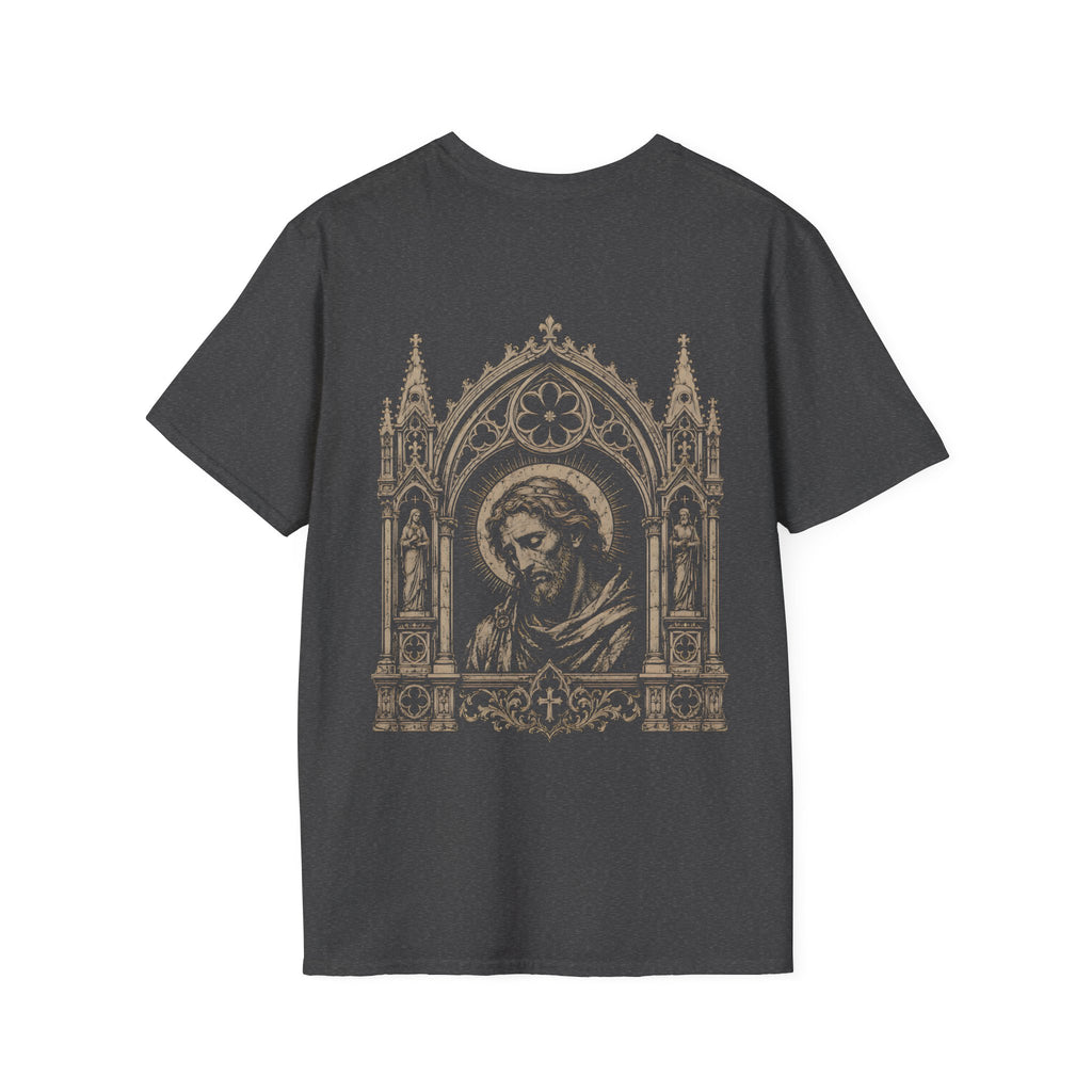 BACKPRINT Gothic Sacred Christ Portrait In Ornate Cathedral Arch Christian Religious Icon T-Shirt