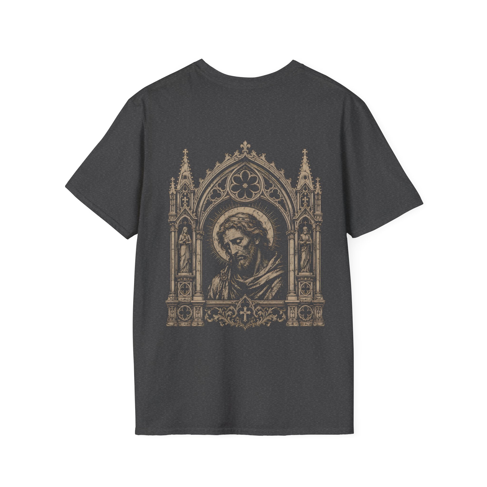 BACKPRINT Gothic Sacred Christ Portrait In Ornate Cathedral Arch Christian Religious Icon T-Shirt