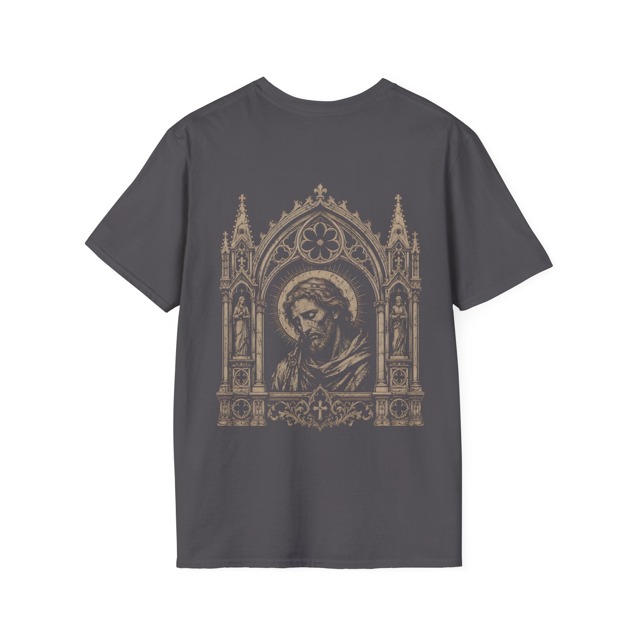 BACKPRINT Gothic Sacred Christ Portrait In Ornate Cathedral Arch Christian Religious Icon T-Shirt