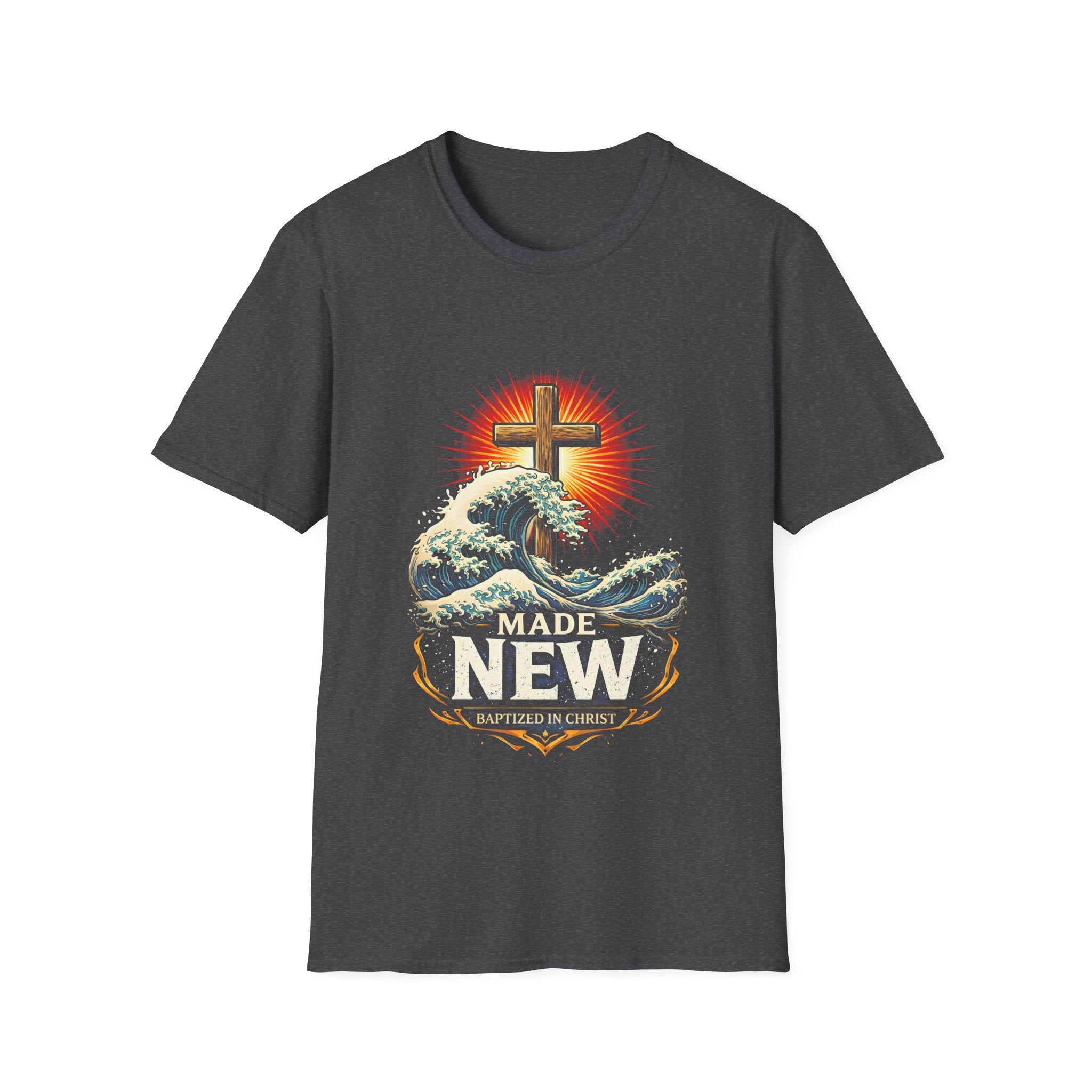Made new baptized in christ cross and crashing ocean waves renewal T-Shirt