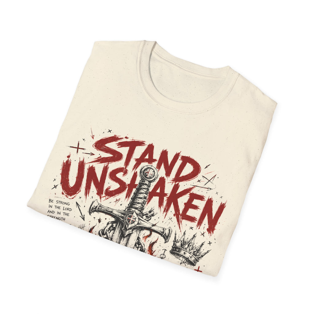 Stand Unshaken Christian Warrior Sword Cross Armor Faith Over Fear Bible Verse Ephesians 6 Isaiah 54 T-Shirt