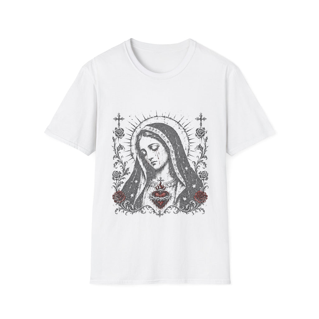 Virgin Mary Sacred Heart Gothic Catholic Dark Mother Mary Icon With Roses And Halo T-Shirt