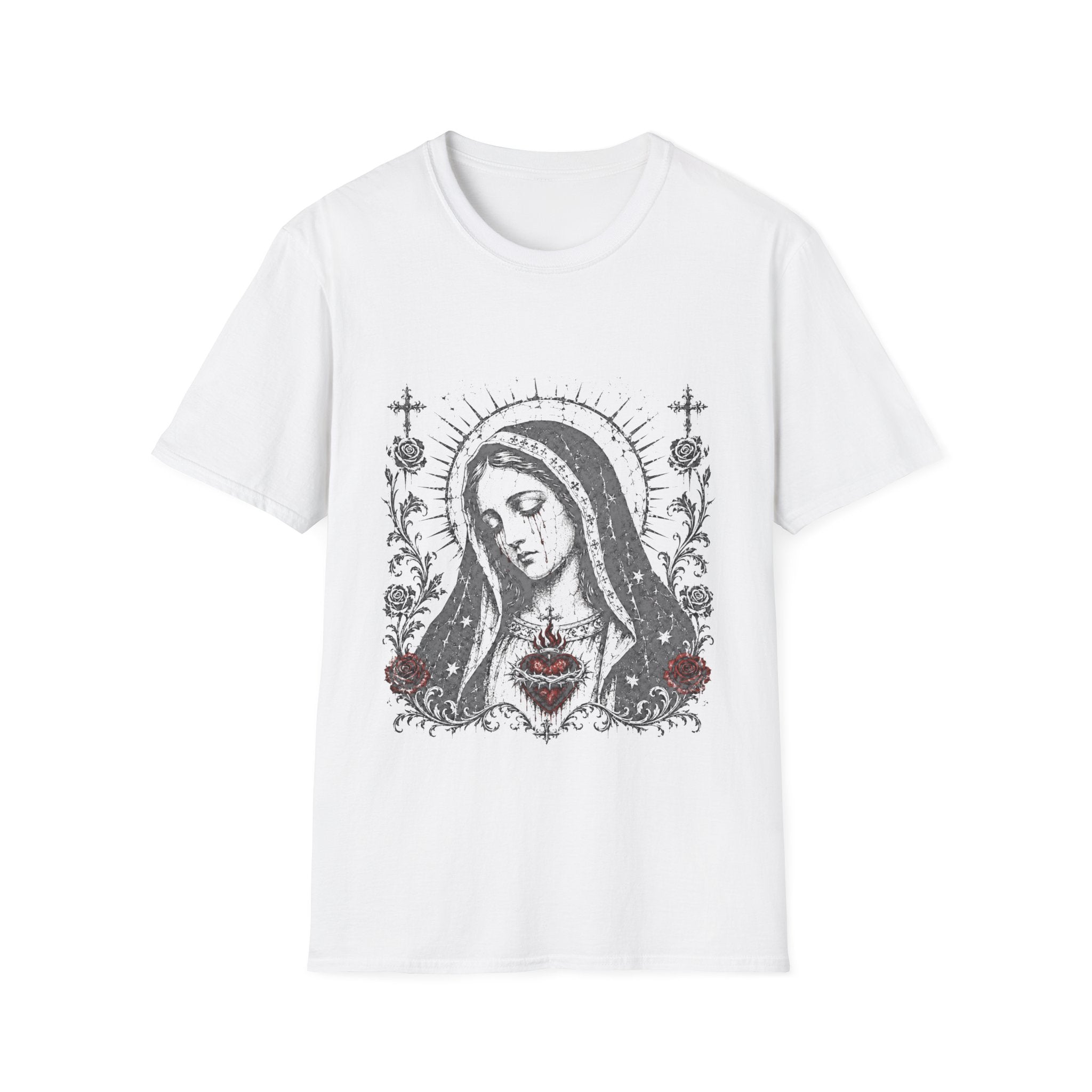 Virgin Mary Sacred Heart Gothic Catholic Dark Mother Mary Icon With Roses And Halo T-Shirt