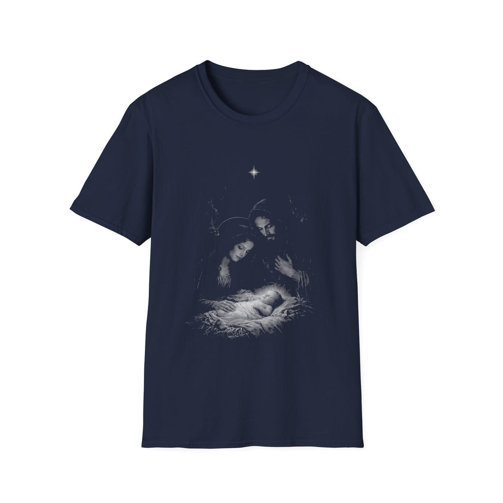 Holy family nativity scene with baby jesus mary joseph and christmas star in the bethlehem manger T-Shirt