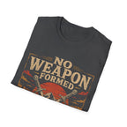 No Weapon Formed Isaiah 54 17 Christian Warrior Crossed Swords Mountain Sunset Faith T-Shirt