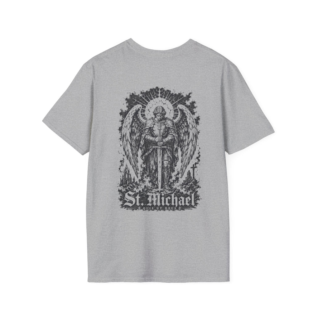 BACKPRINT St Michael Quis Ut Deus Archangel Warrior Christian Spiritual Warfare Protector Artwork T-Shirt