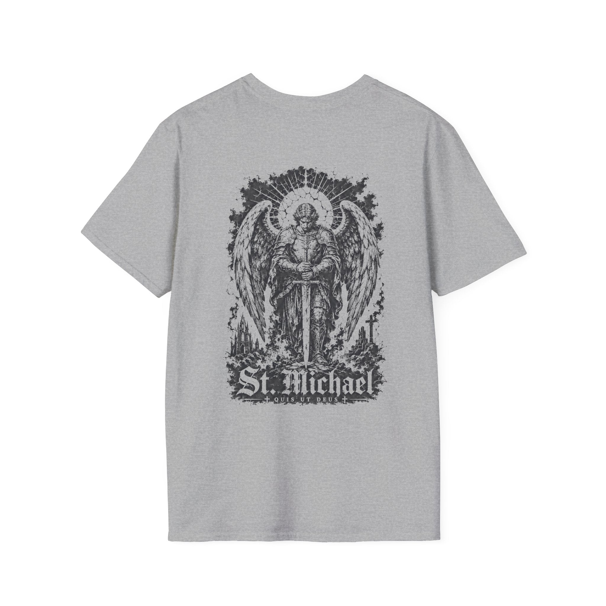 BACKPRINT St Michael Quis Ut Deus Archangel Warrior Christian Spiritual Warfare Protector Artwork T-Shirt