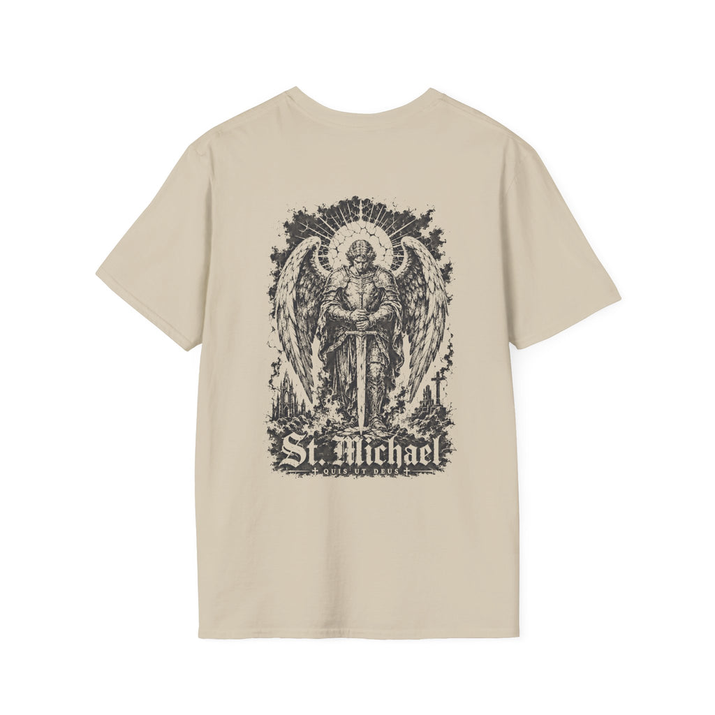 BACKPRINT St Michael Quis Ut Deus Archangel Warrior Christian Spiritual Warfare Protector Artwork T-Shirt