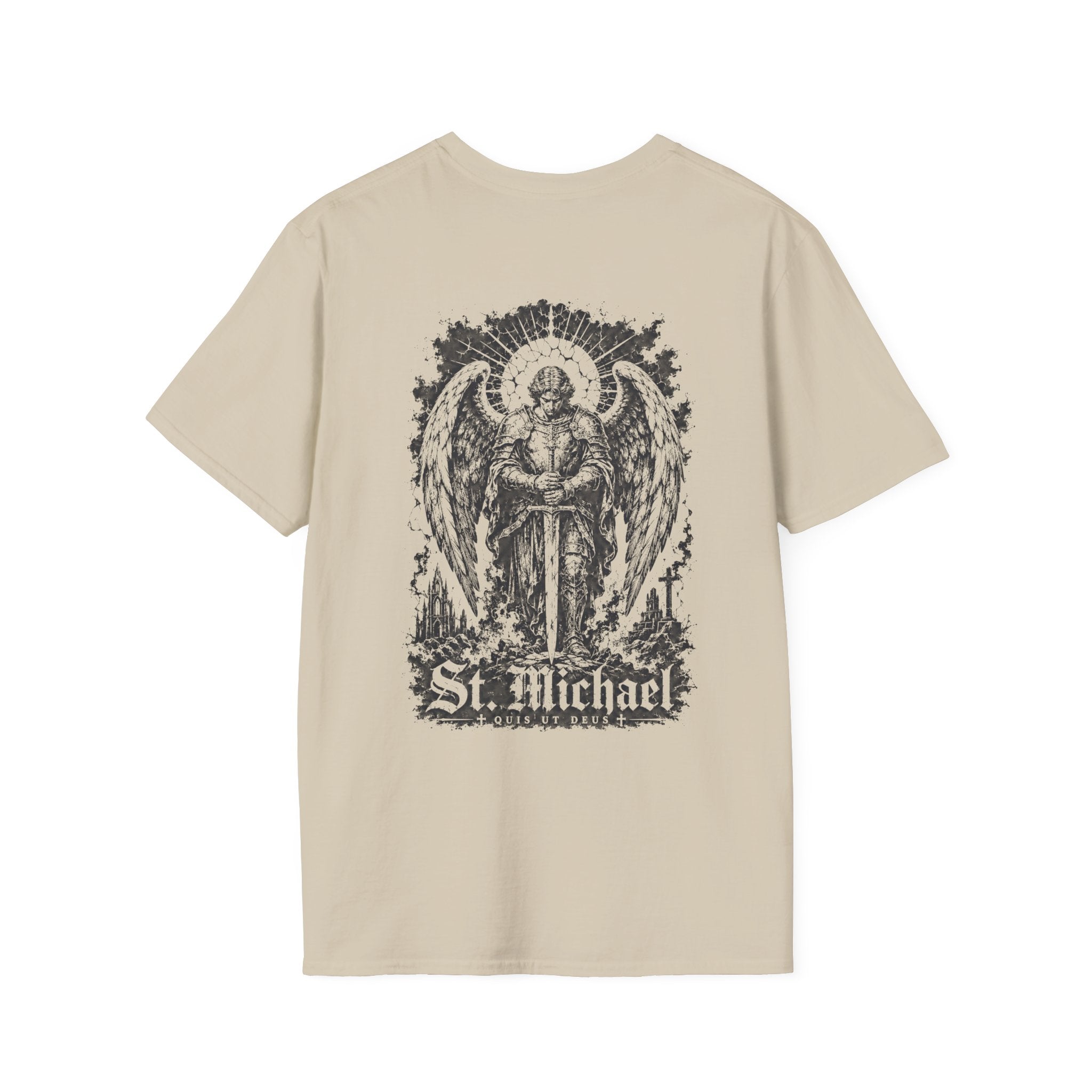 BACKPRINT St Michael Quis Ut Deus Archangel Warrior Christian Spiritual Warfare Protector Artwork T-Shirt
