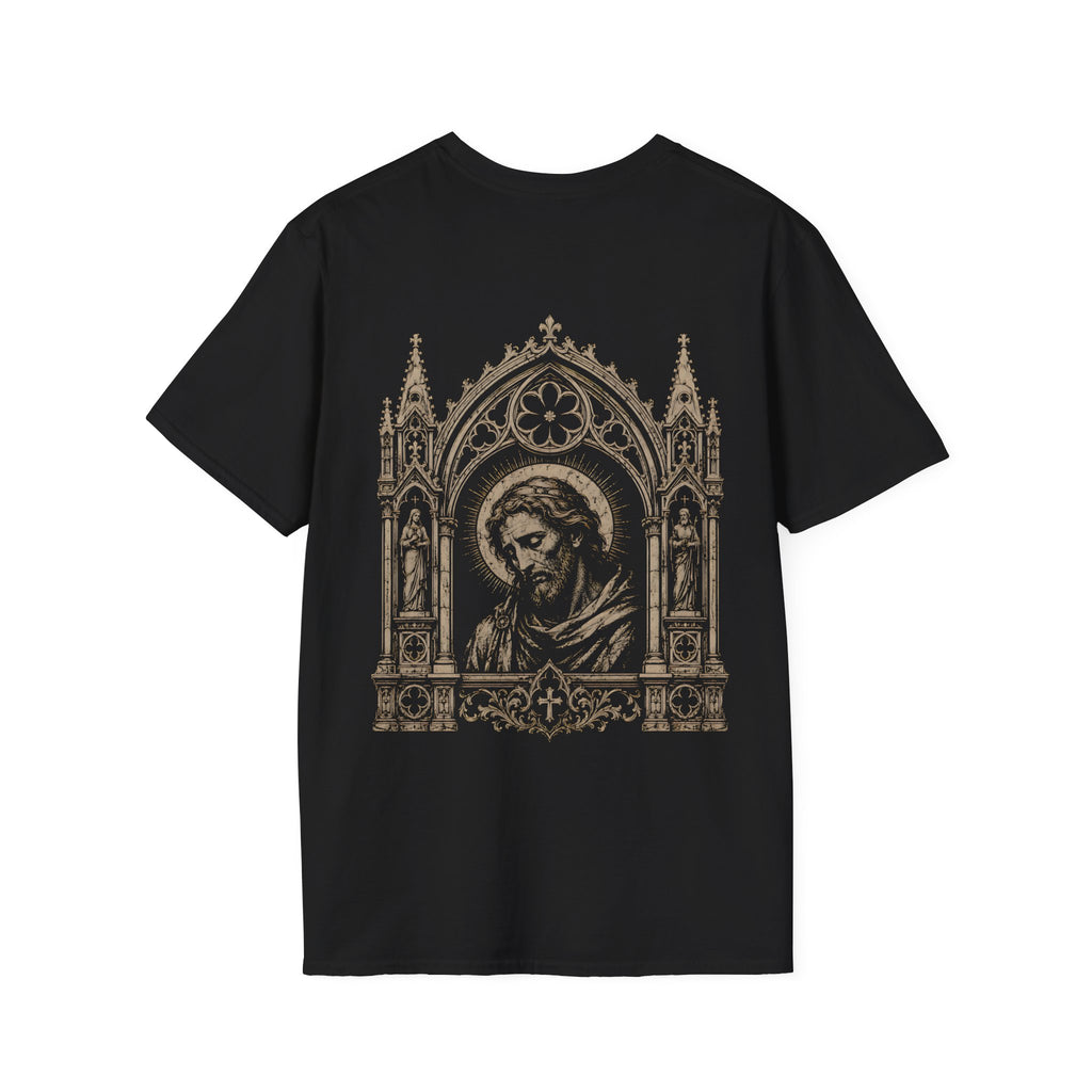 BACKPRINT Gothic Sacred Christ Portrait In Ornate Cathedral Arch Christian Religious Icon T-Shirt