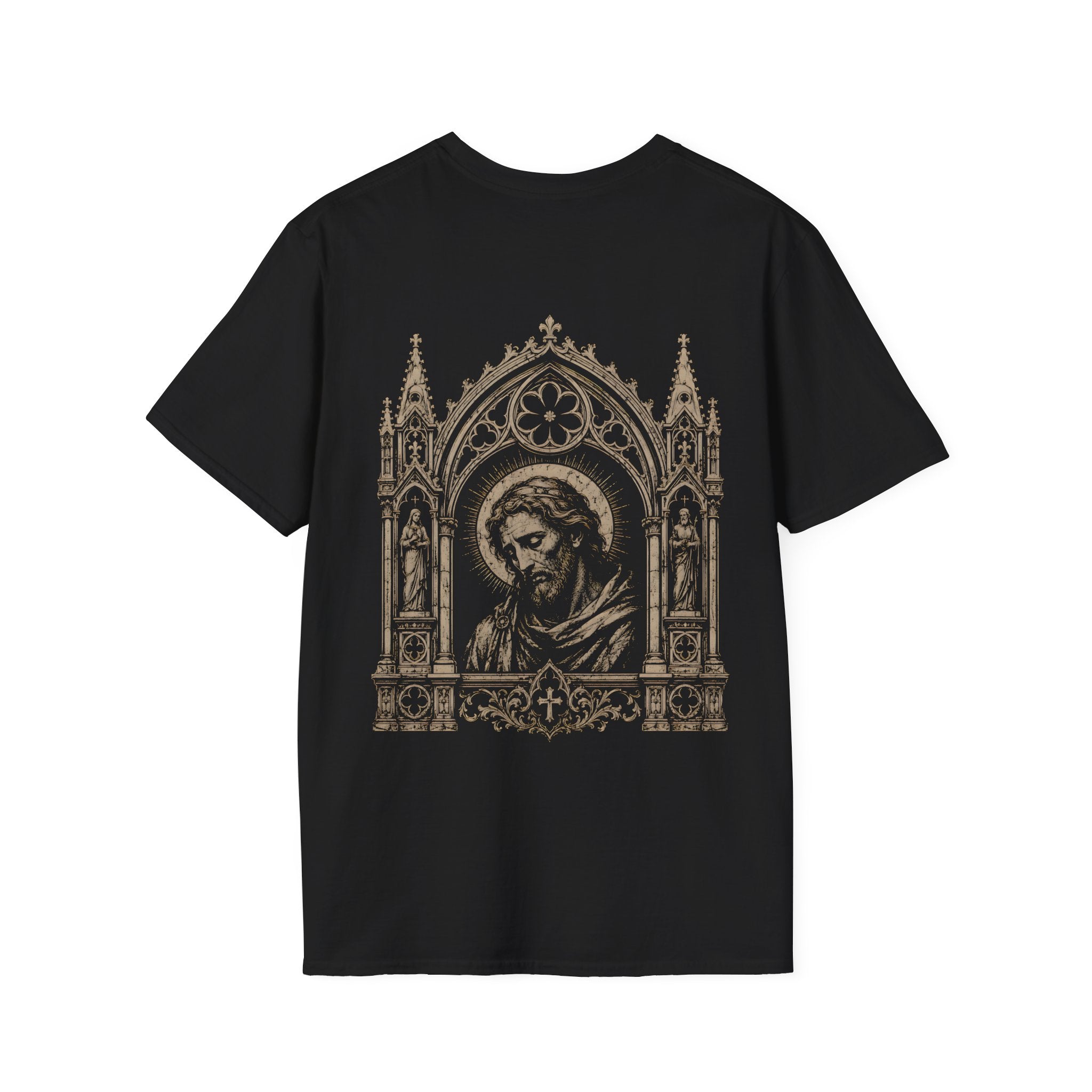 BACKPRINT Gothic Sacred Christ Portrait In Ornate Cathedral Arch Christian Religious Icon T-Shirt