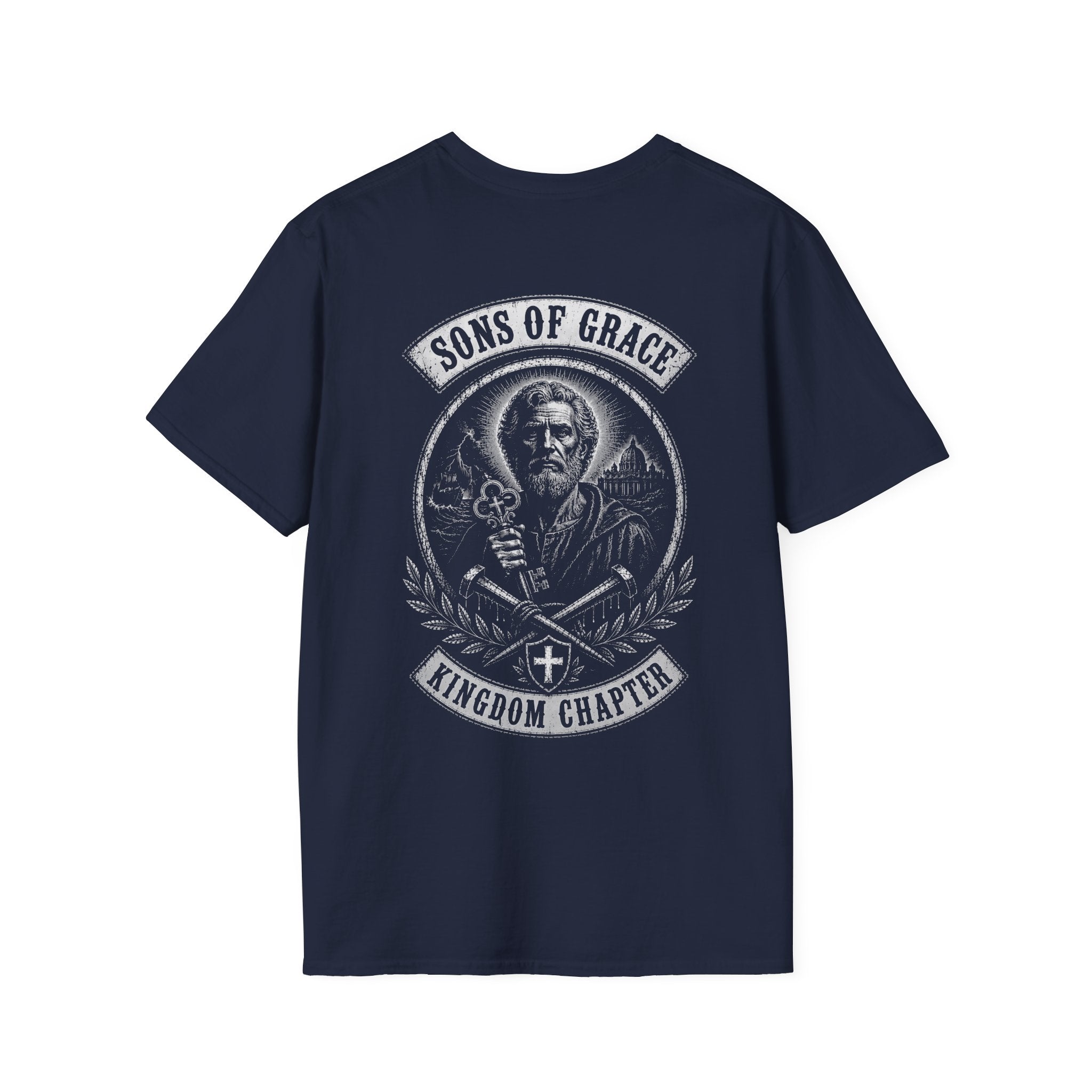 Sons Of Grace Kingdom Chapter Christian Warrior Saint Peter Keys And Swords Faith Crest Emblem T-Shirt