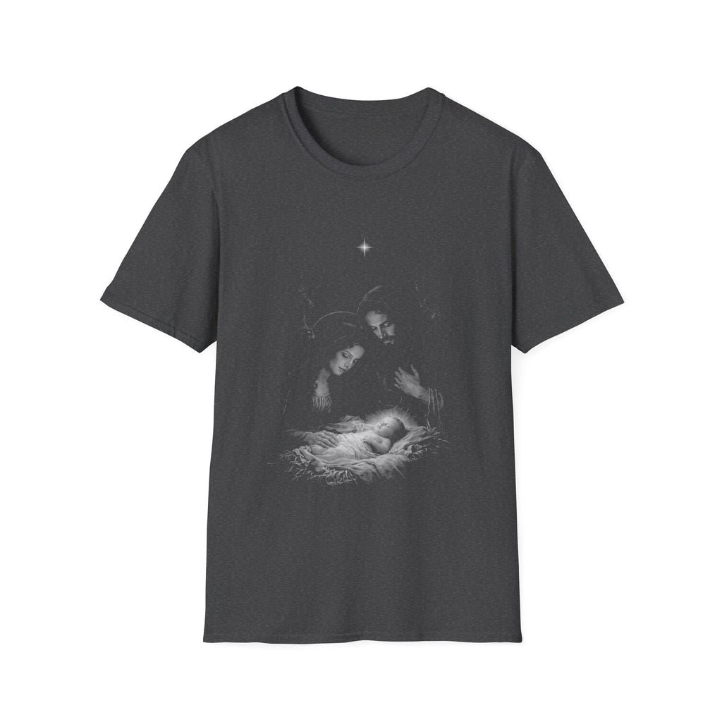 Holy family nativity scene with baby jesus mary joseph and christmas star in the bethlehem manger T-Shirt
