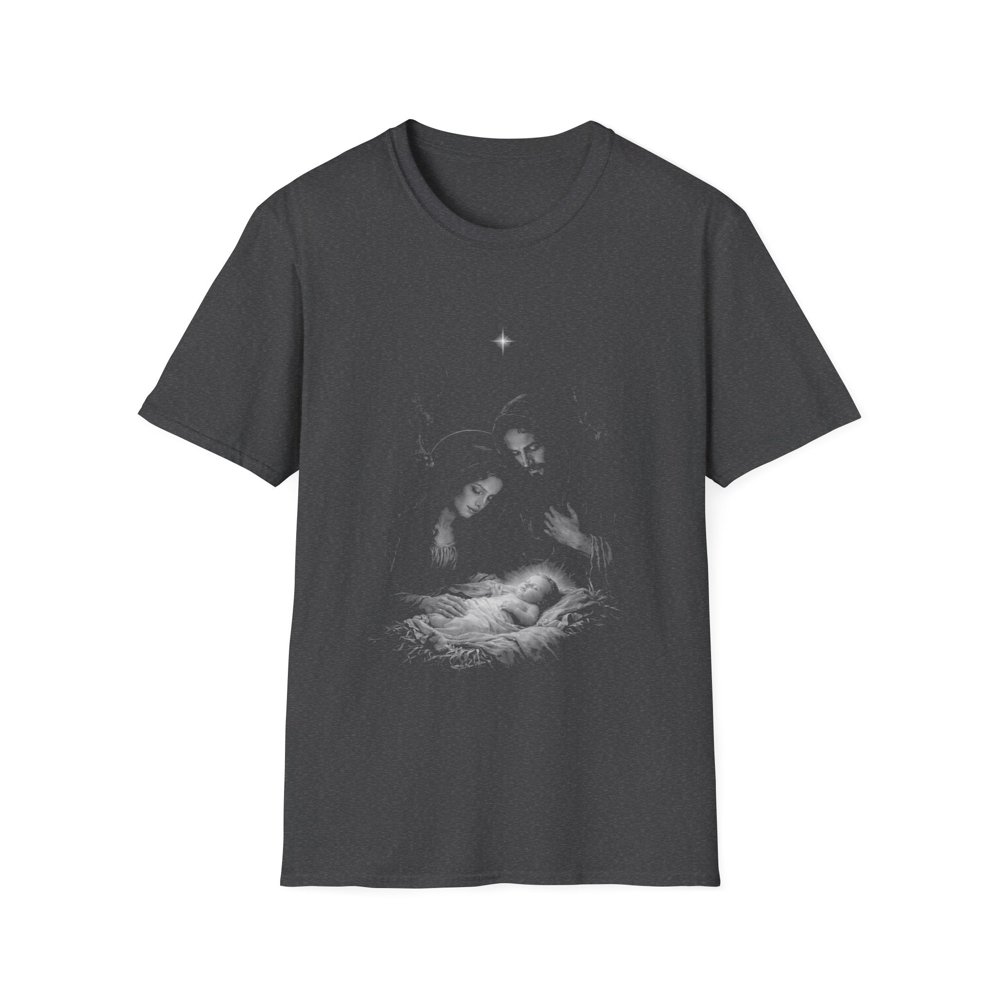 Holy family nativity scene with baby jesus mary joseph and christmas star in the bethlehem manger T-Shirt