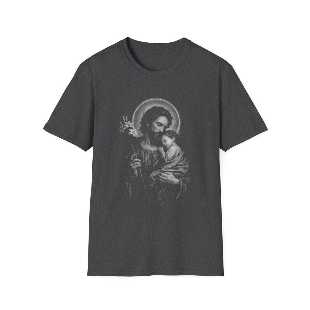 saint joseph holding child jesus sacred catholic fatherhood devotion and protection T-Shirt