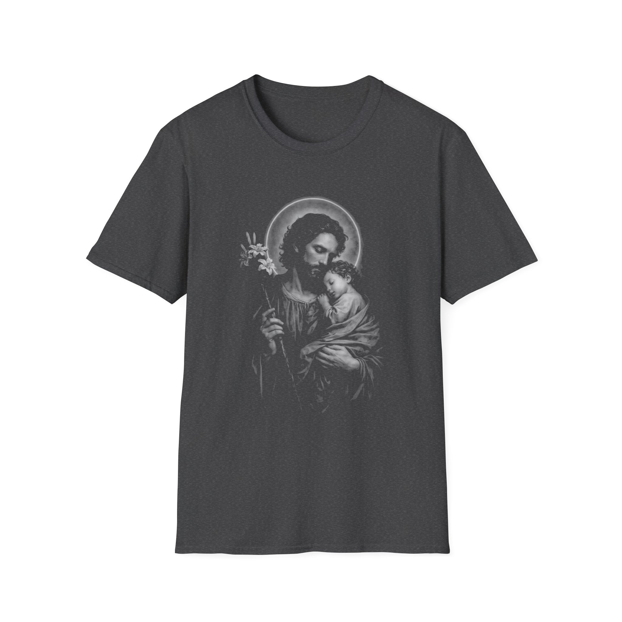 saint joseph holding child jesus sacred catholic fatherhood devotion and protection T-Shirt