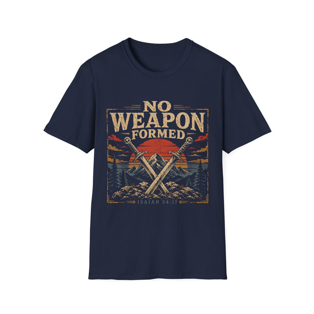 No Weapon Formed Isaiah 54 17 Christian Warrior Crossed Swords Mountain Sunset Faith T-Shirt