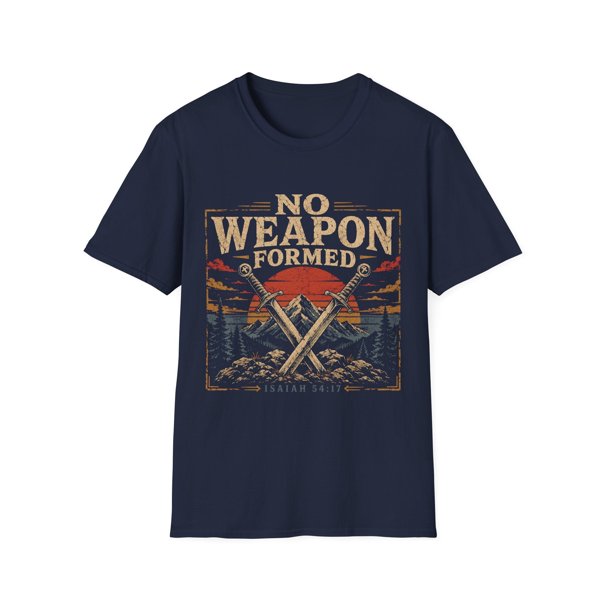 No Weapon Formed Isaiah 54 17 Christian Warrior Crossed Swords Mountain Sunset Faith T-Shirt