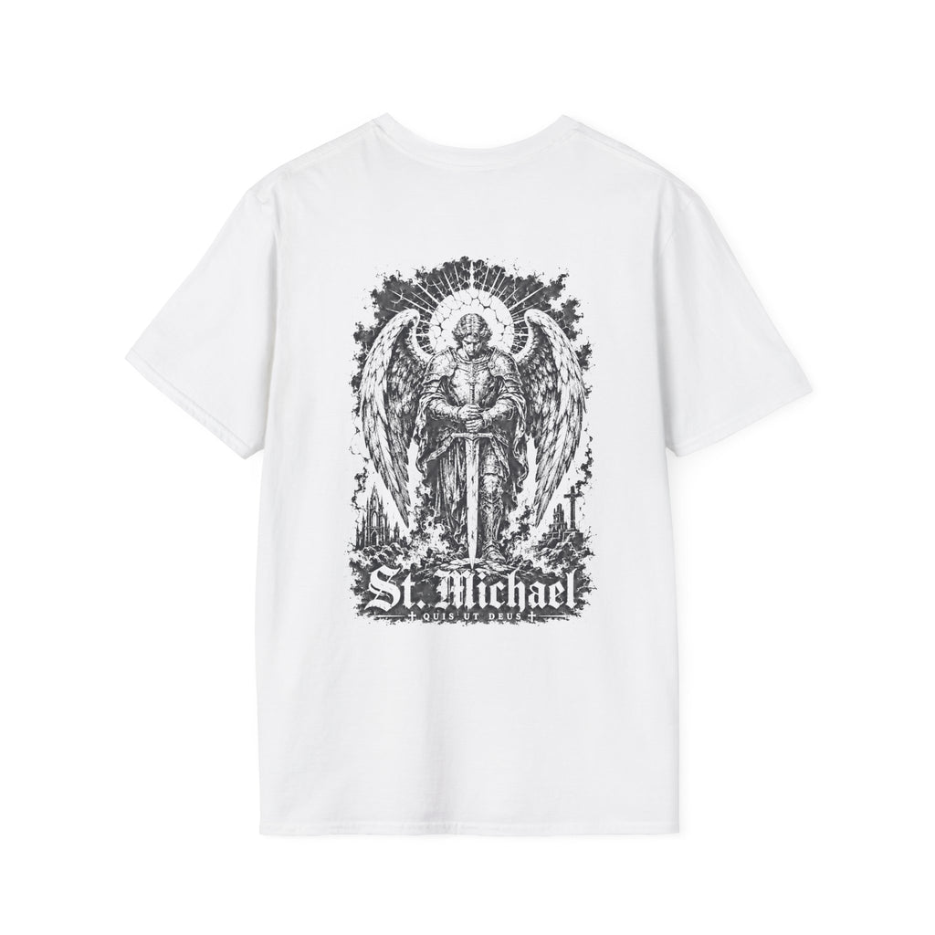 BACKPRINT St Michael Quis Ut Deus Archangel Warrior Christian Spiritual Warfare Protector Artwork T-Shirt
