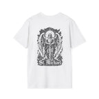 BACKPRINT St Michael Quis Ut Deus Archangel Warrior Christian Spiritual Warfare Protector Artwork T-Shirt