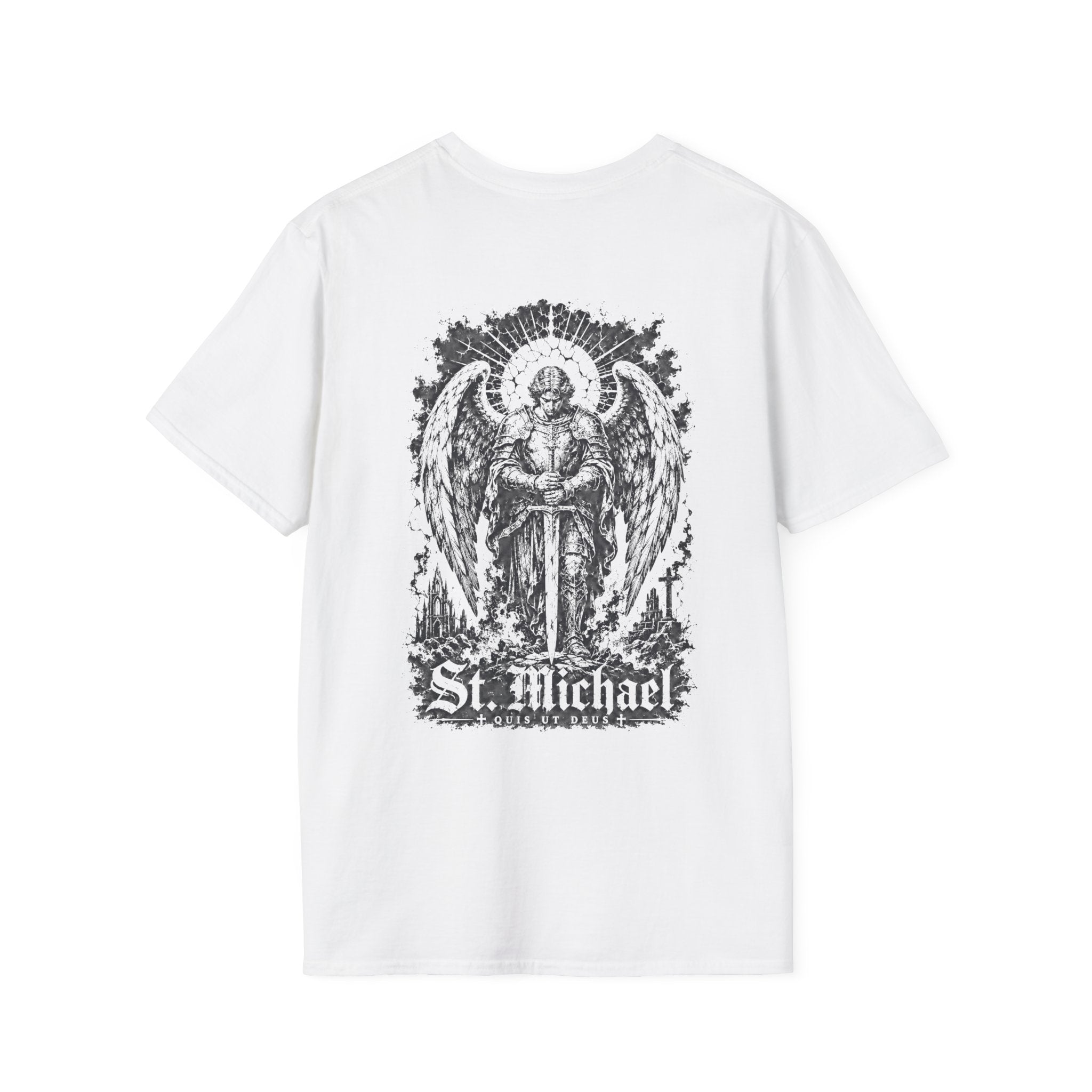 BACKPRINT St Michael Quis Ut Deus Archangel Warrior Christian Spiritual Warfare Protector Artwork T-Shirt