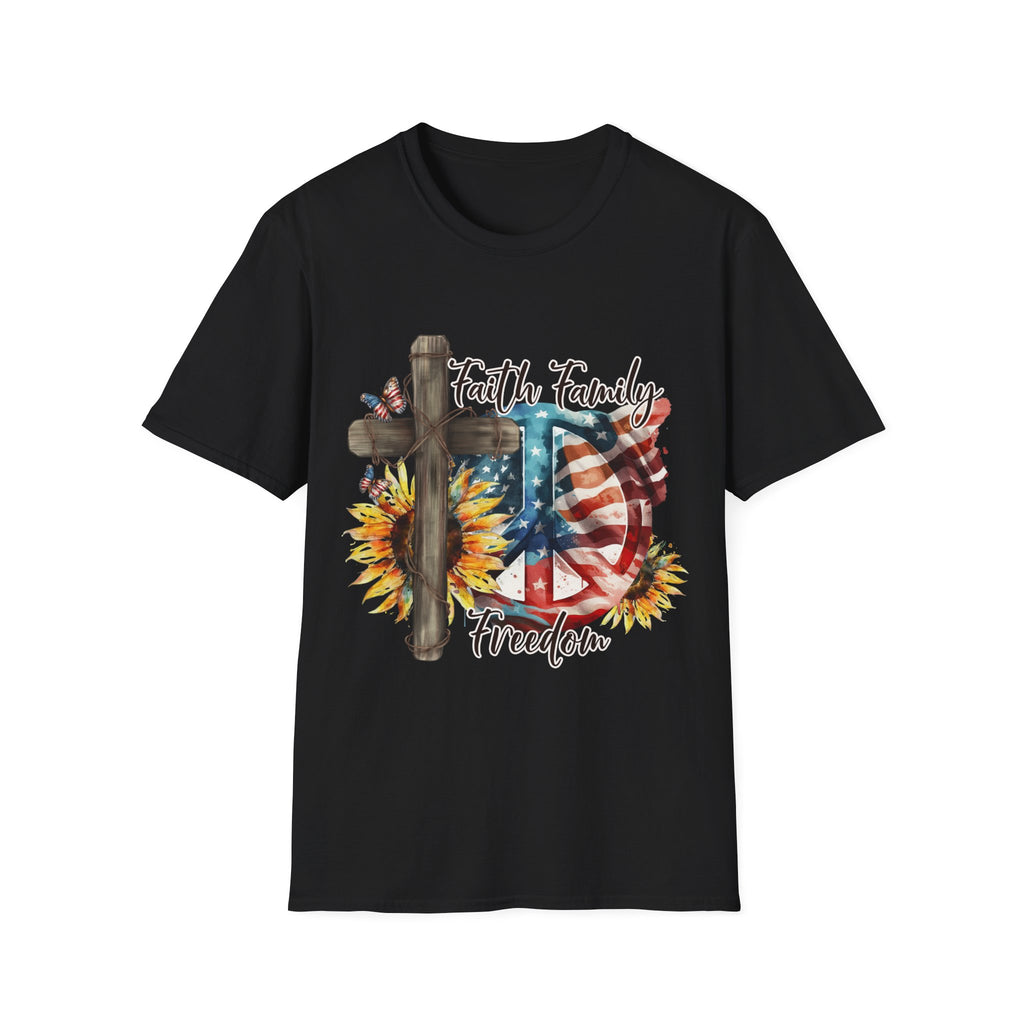 Faith Family Freedom 4th of July Independence Day Veterans Day American Flag Cross Peace Sunflowers T-Shirt