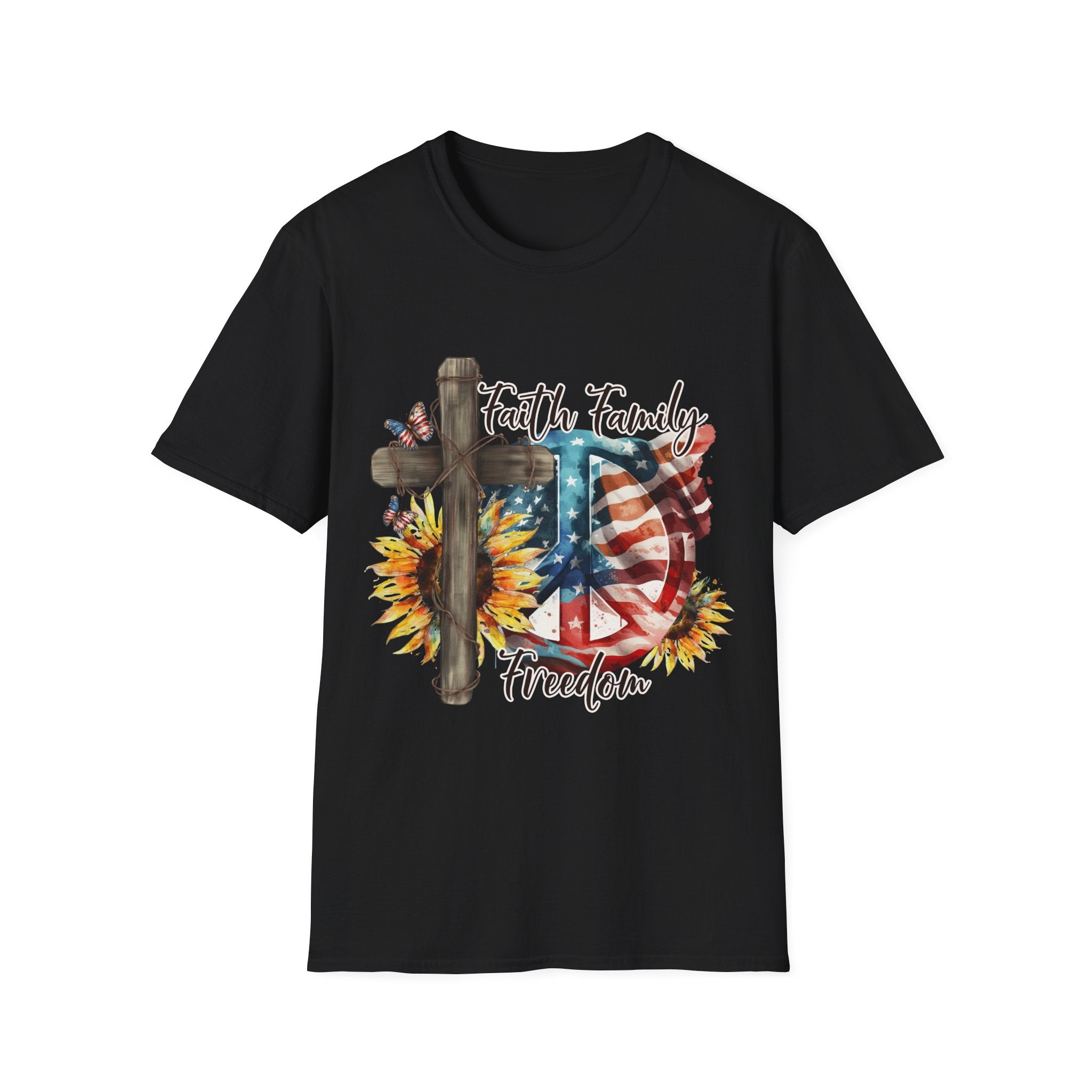 Faith Family Freedom 4th of July Independence Day Veterans Day American Flag Cross Peace Sunflowers T-Shirt