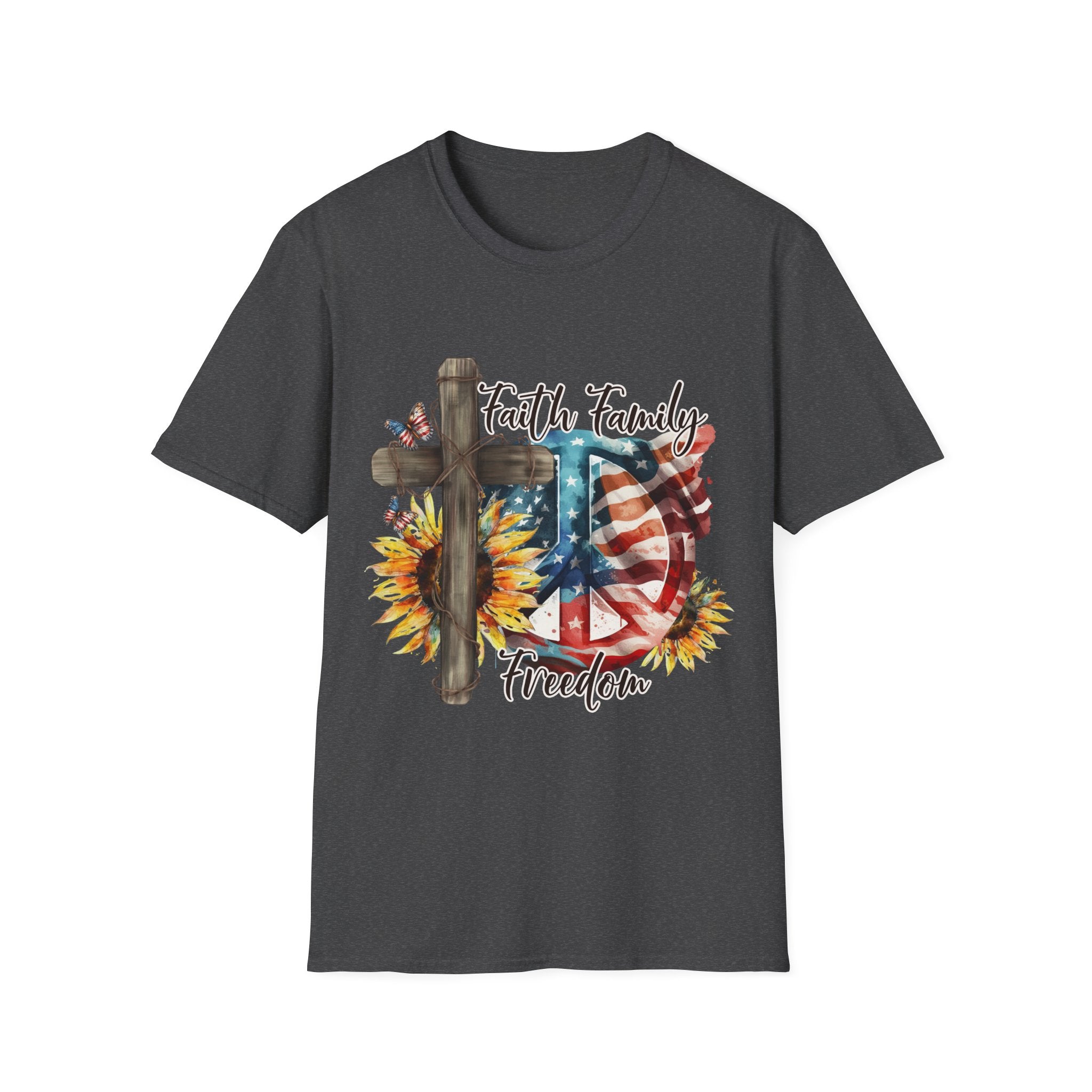 Faith Family Freedom 4th of July Independence Day Veterans Day American Flag Cross Peace Sunflowers T-Shirt