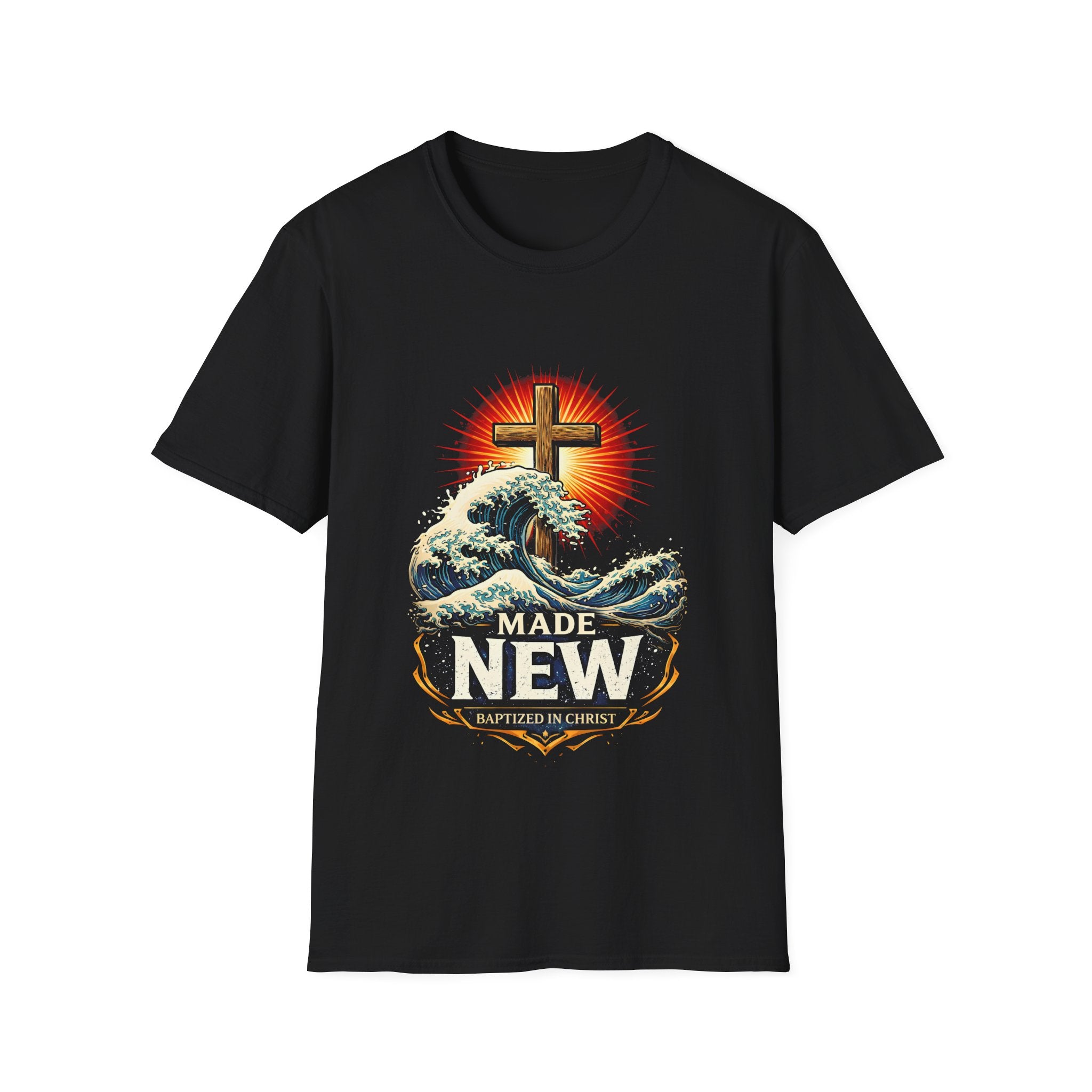Made new baptized in christ cross and crashing ocean waves renewal T-Shirt
