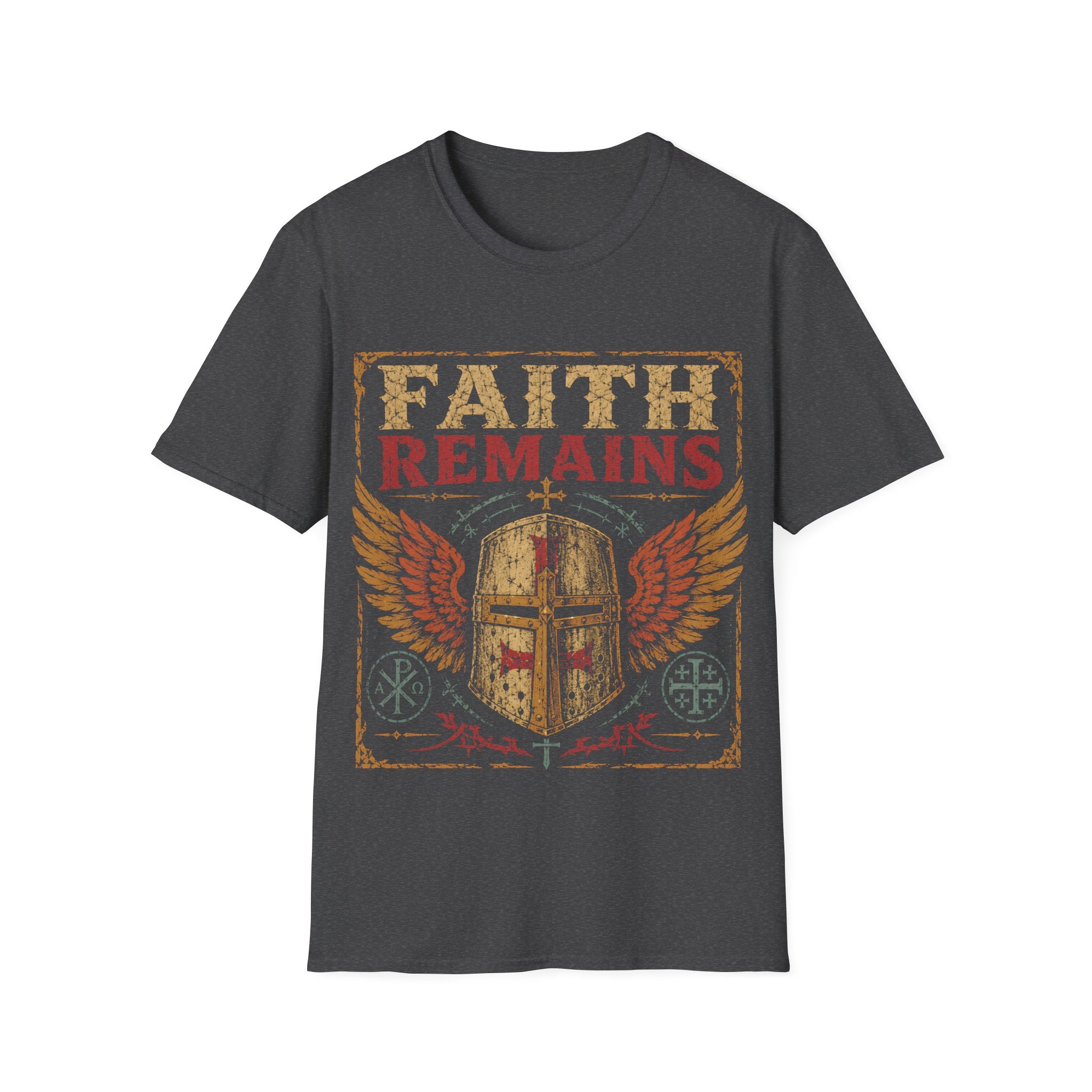 Faith Remains Crusader Helmet With Wings Christian Warrior Cross Vintage Medieval Art Style T-Shirt