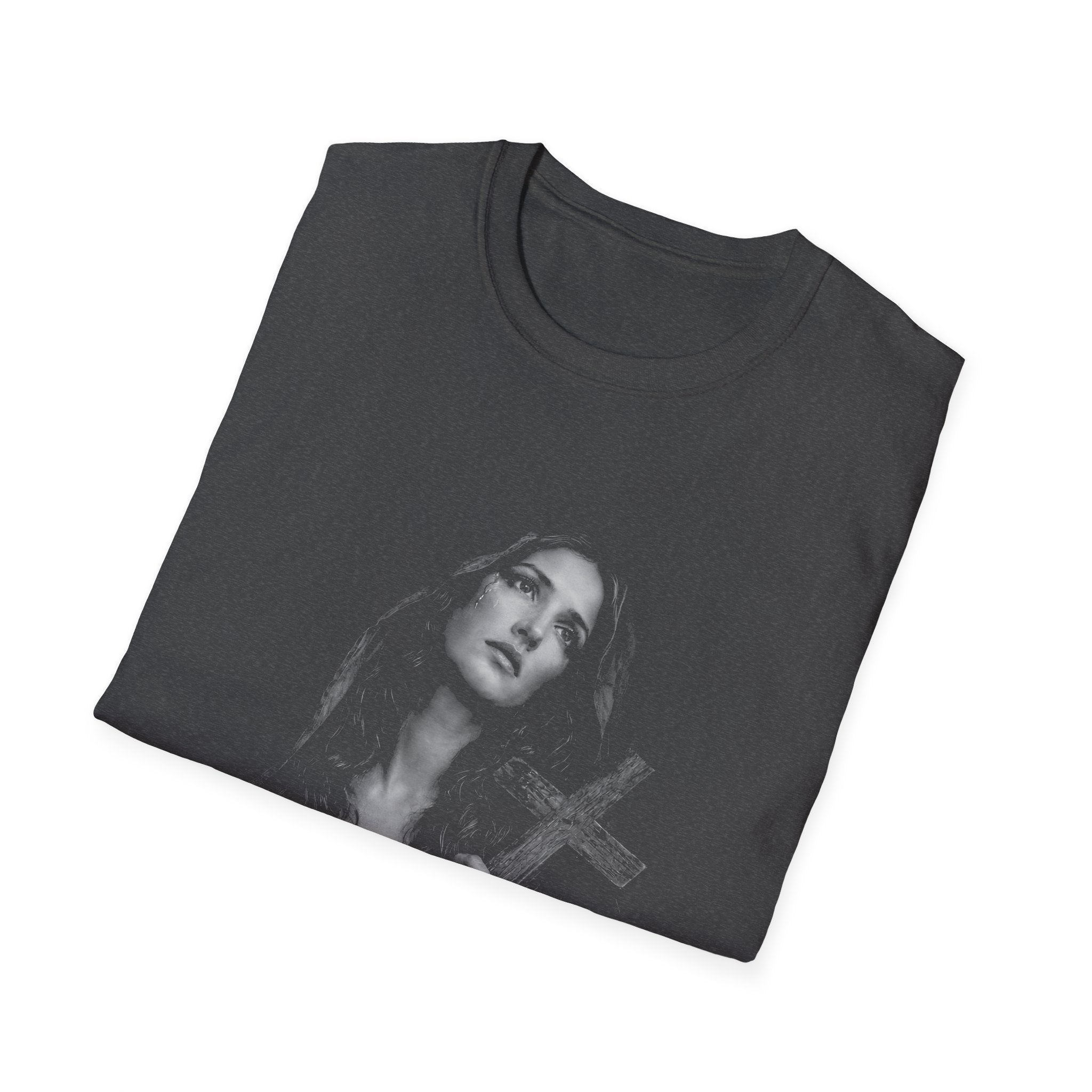 mary magdalene weeping with cross dark christian gothic spiritual portrait in black and white T-Shirt