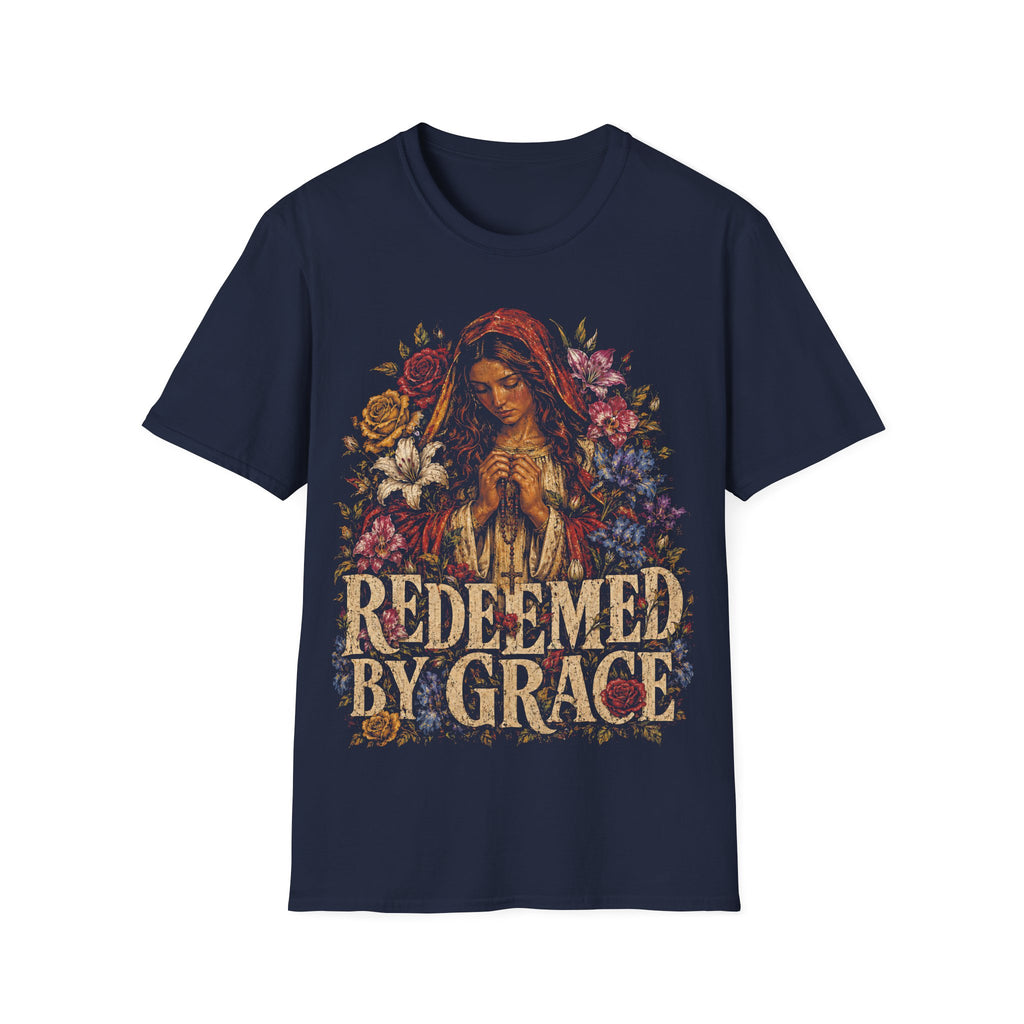 Redeemed By Grace Christian Faith Prayer And Flowers T-Shirt