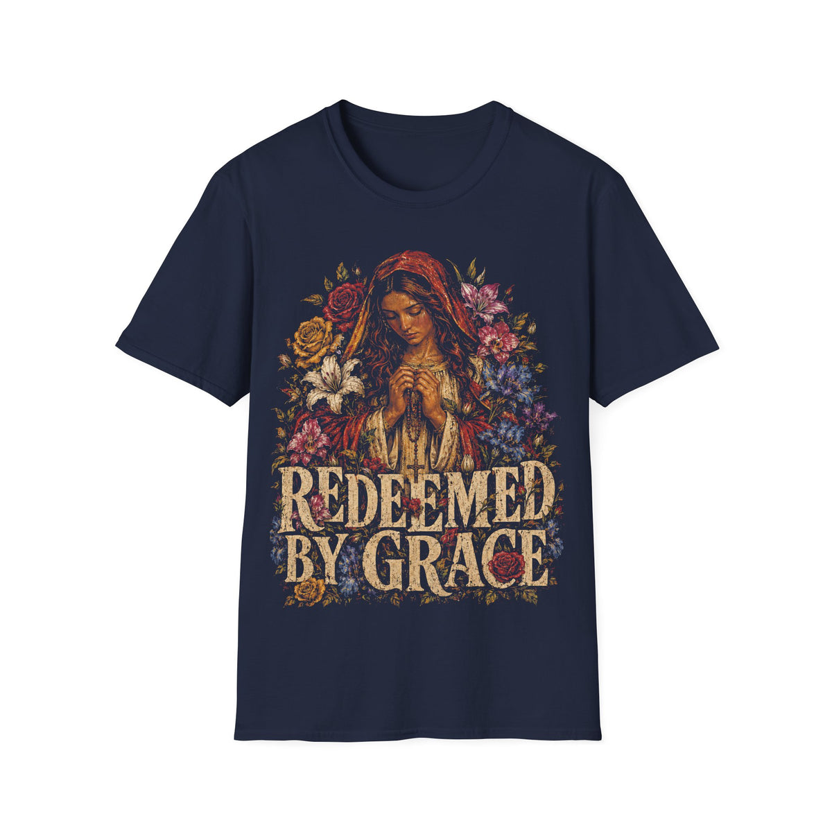 Redeemed By Grace Christian Faith Prayer And Flowers T-Shirt